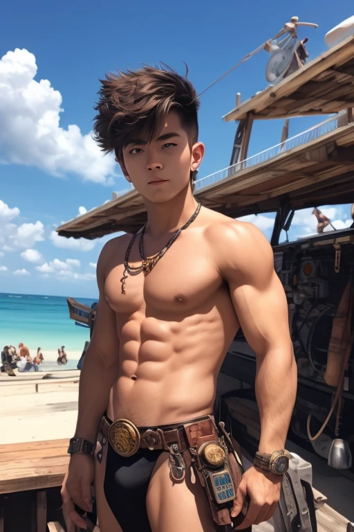 steampunk warrior, abs, handsome 20 year old boy, sun bathe