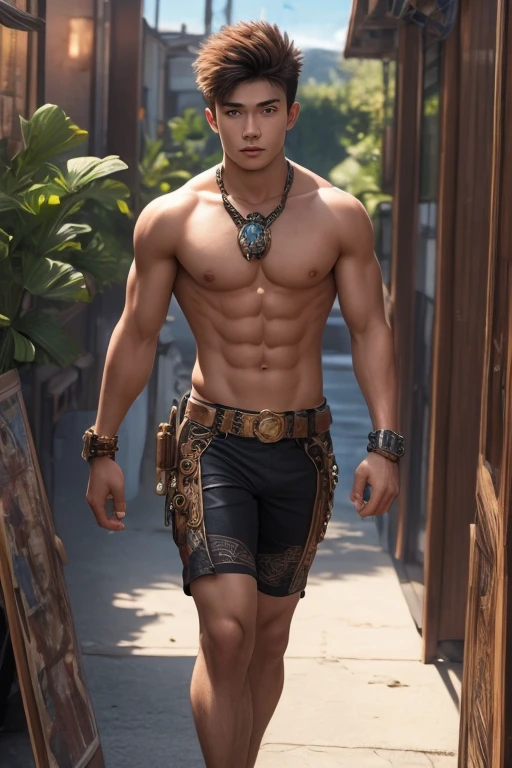 steampunk warrior, abs, handsome 20 year old boy, sun bathe