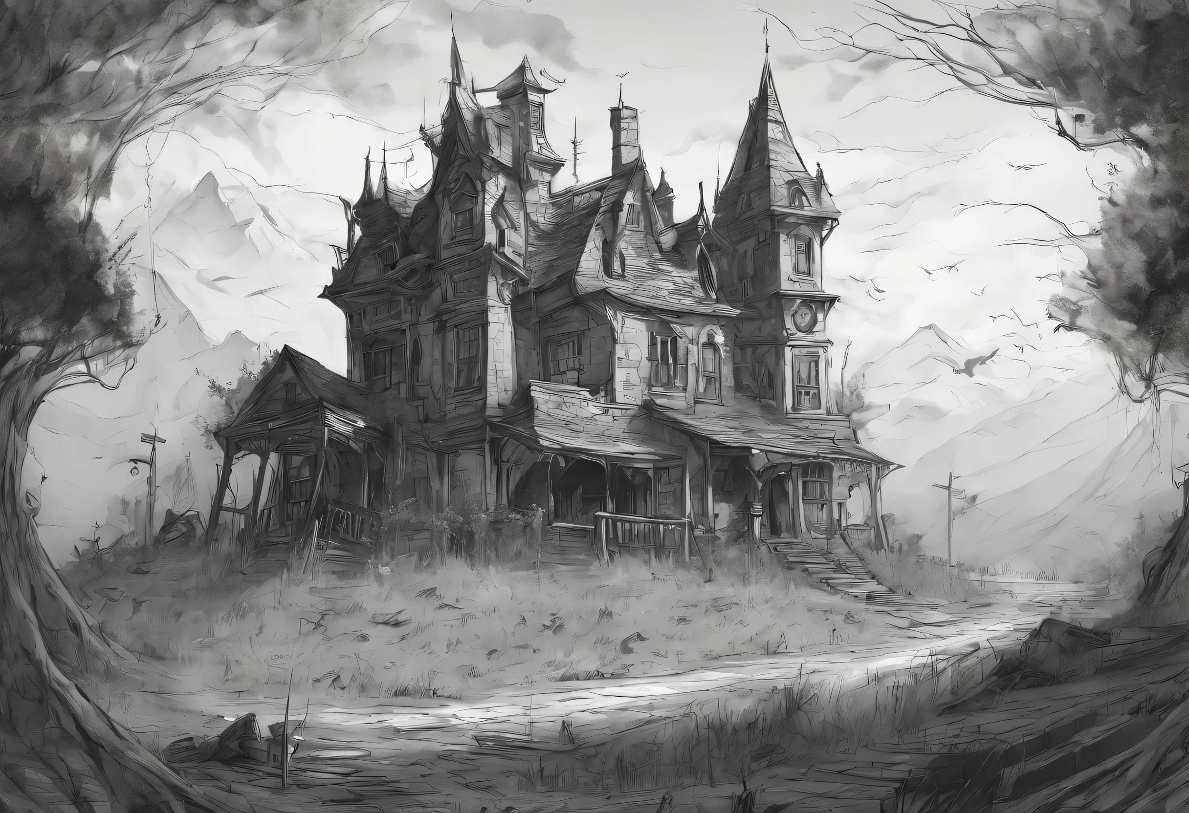 pencil drawing, large walled land, there is a gap in the wall, inside the land there is a haunted house