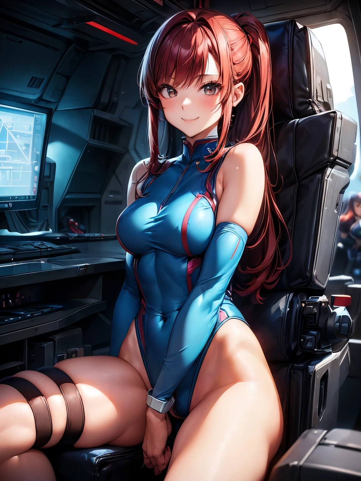 highest quality、Nice sexy body、One Woman、(solo)、((Beautiful busty woman:1.6))、(Woman with dark red hair:1.3)、Long hair woman、Woman with ponytail、((A woman wearing a light blue cyber suit leotard))、smile、A woman in the cockpit of a Gundam、Woman sitting in the cockpit、A woman piloting a Gundam