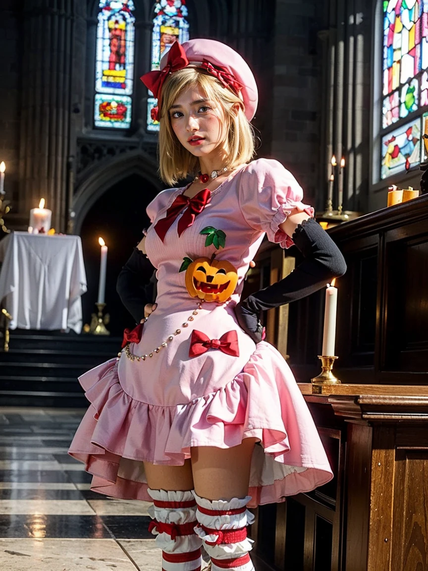 (1 lady), The beautiful, (Best quality at best:1.4), (ultra - detailed), (extremely detailed CG unified 16k), gold blonde hair, very detailed, High-definition RAW color photo, professional photoshooting, amazing face and eyes, cosmetics, (amazingly beautiful girl), ((lambdadelta, tall woman, taller)), ((dress, shoes bow, red shoes, striped stockings, red bow, pink hat, necklace, gloves, pearl, pumpkin brooch, pink dress)), standing, sexyposture,(Dark and stylish cathedral, stained glass, altar, before the altar, candle lights, candle lights:1.3), (look from down), realistic cinematic face, head to feet long wide zoomed out view, full body long view, photorealistic, ((realistic natural blonde hair style, honey eyes)), gorgeous, extremely beautiful face, perfect model beauty, pout mouth, flirting smile, cleavages, city girl, western, shopping in the city, (masterpiece), best quality, high resolution, extremely detailed, blurred background, depth of field, cinematic lighting, amazing legs, high heels, clear and well-cared skin