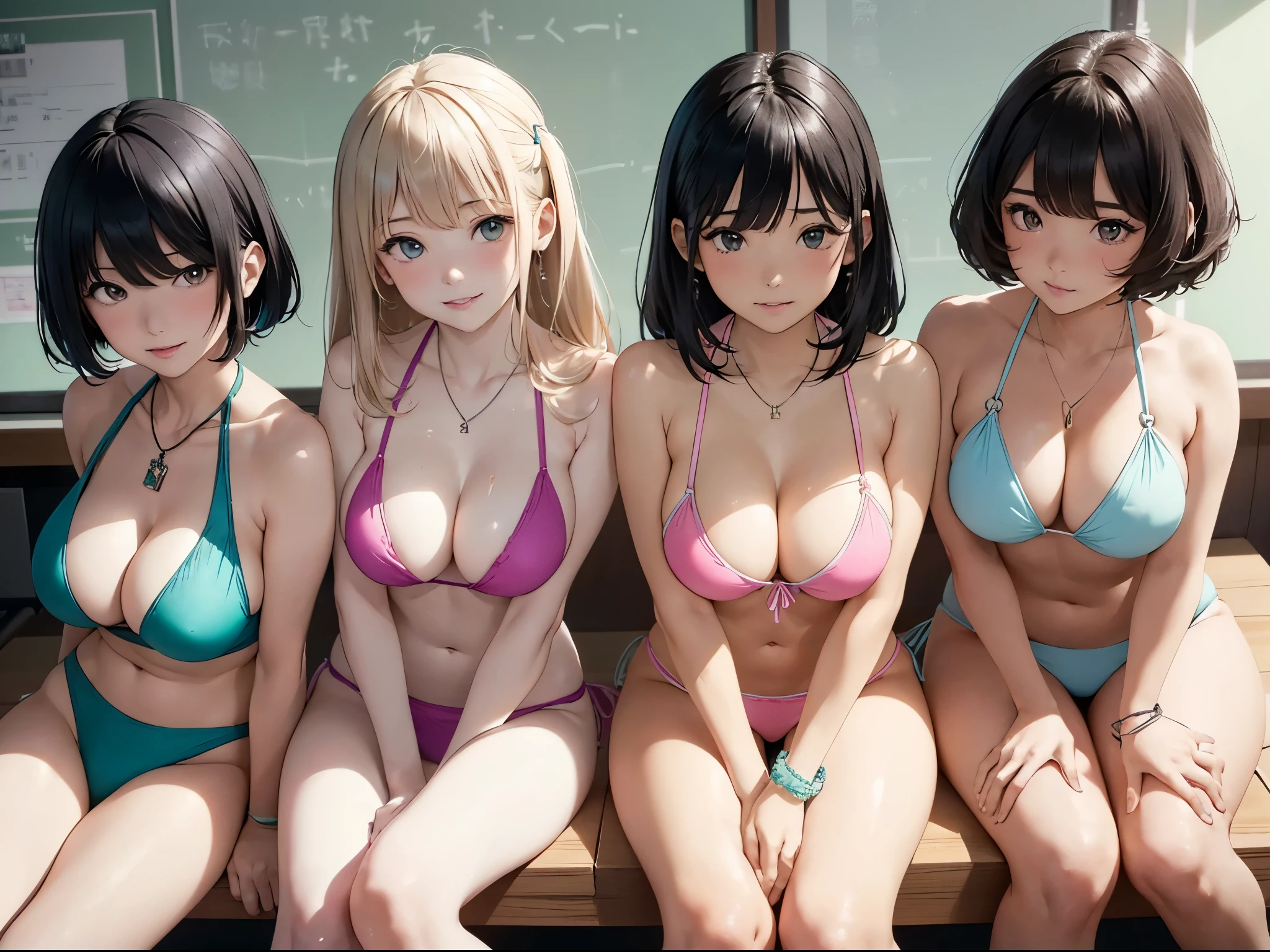 (Three girls sitting, Harajuku, cute, Improve, fusion of 中乳 and Large Breasts, School classroom, :1.4),(high be familiar with eyes, eyelash, mascara, cute笑顔, :d, Glowing Skin, whole body:1.2), (bracelet, jewelry, necklace, Various colorsの髪:1.3), {Short black bob hair|Exercise Hair|low twintails hair}, {Soft Breasts|Large Breasts:1.4|Huge breasts|超Huge breasts}, Hair Scrunchie, hair ornaments, Shiny clothes, (Perfect lighting, Side lighting, Light leakage), Dynamic Angle, (Various colors、Slippery、Smooth、Smooth、gleaming、Shine、Very soft、Seamless Texture {light blue|green|Money|pink} {loose bikini|Tube Top Bikini|Triangle Bikini|Halter Bikini}, Face close-up:1.3), (highest quality), (masterpiece), be familiar with, (figure), Very delicate and beautiful, Girl's sandwich, Shows nearby rifts from bottom to top, ((Three girls approaching a nearby center)), ((Reach out to your audience:1.2)), Japanese Girls, extremely be familiar with beautiful clavicle skin, Excessive sweating, She showed viewers her cleavage., Very kindly, ((((Inviting viewers from below to have sex from behind)))),