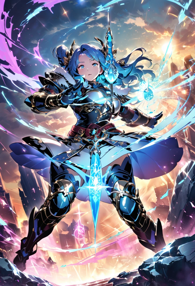 8k_wallpaper, extremely detailed eyes, extremely detailed body, (large masterpiece digital art), (detailed manga illustration), (detailed line art), ((perfect anatomy)), (intricate details:1.3), (ultra-detailed:1.3), (illustration:1.3), (sharp focus:1.3), (natural lighting:1.05), (vivid colors:1.3), (masterpiece), best quality, expressive eyes, perfect face, 1 girl, breasts, gloves, large breasts, {blue hair}, medium hair, wavy hair, (gray eyes), hourglass physique, huge ass, dynamic pose, dynamic lighting, fur trim, hair bun, glowing, crystal, delicate\(armor\), armor, full armor, cuisses, shoulder armor, belt, hand guard, boots, glove, particles stream, creationmagic, ethereal creation, Magic Circle, glowing, crystal, jim lee, beautiful esd_woman, hair bun, fur trim, jewelry, crystal, Magic Circle,