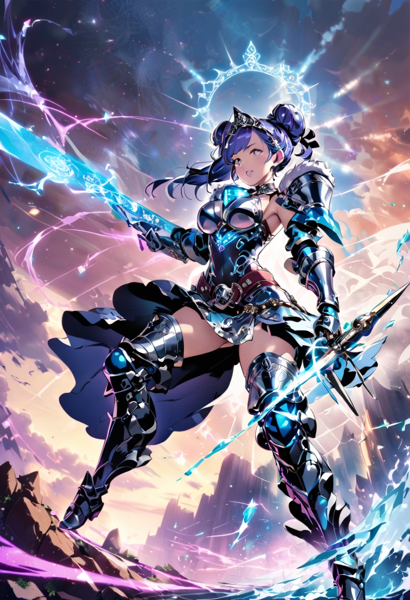 8k_wallpaper, extremely detailed eyes, extremely detailed body, (large masterpiece digital art), (detailed manga illustration), (detailed line art), ((perfect anatomy)), (intricate details:1.3), (ultra-detailed:1.3), (illustration:1.3), (sharp focus:1.3), (natural lighting:1.05), (vivid colors:1.3), (masterpiece), best quality, expressive eyes, perfect face, 1 girl, breasts, gloves, large breasts, {blue hair}, medium hair, wavy hair, (gray eyes), hourglass physique, huge ass, dynamic pose, dynamic lighting, fur trim, hair bun, glowing, crystal, delicate\(armor\), armor, full armor, cuisses, shoulder armor, belt, hand guard, boots, glove, particles stream, creationmagic, ethereal creation, Magic Circle, glowing, crystal, jim lee, beautiful esd_woman, hair bun, fur trim, jewelry, crystal, Magic Circle,