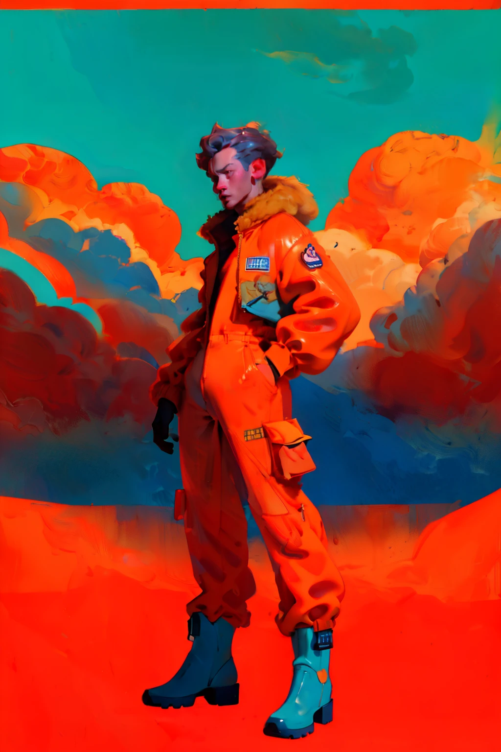 full body image, (ultra detailed,ultra high res,detailed background),((2D)),((flat color)),((muted color)), 1solo, looking at viewer, baggy flight suit, large fur collared bomber jacket, (big red galoshes), plush collar, full body image, square helmet, ((smokey blue background)), ((apocalyptic city)), entire body in frame, 