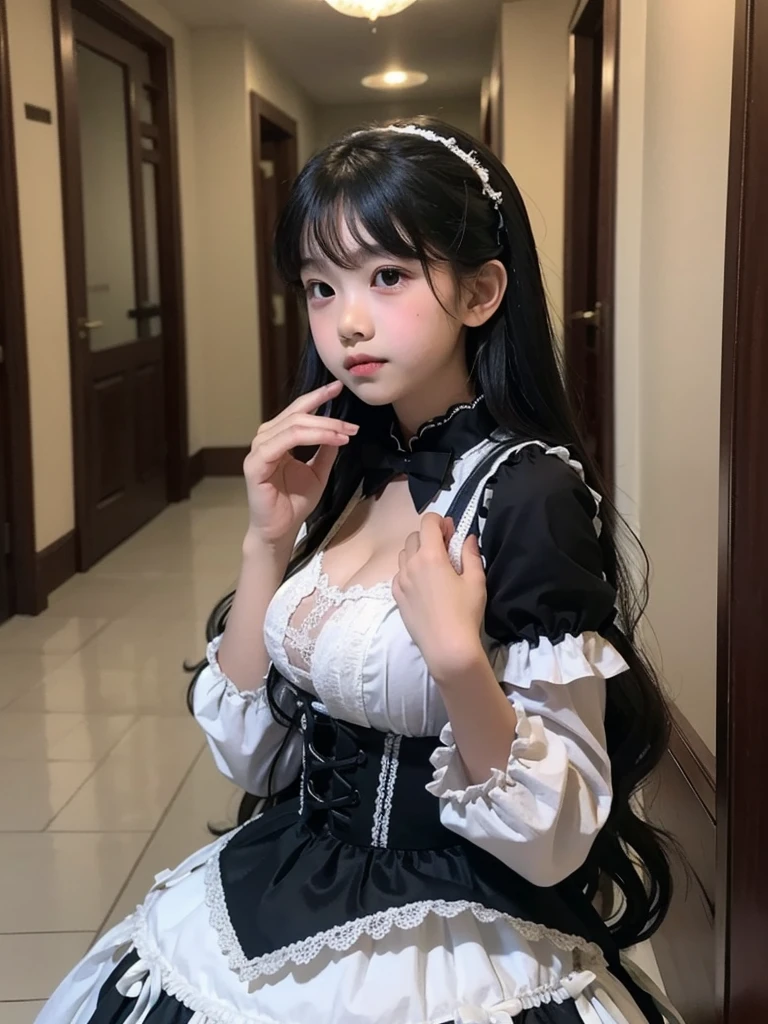 Master quality, highest quality, Best image quality, Exaggerated details, Cute 8 Asian boy with embarrassed expression, I narrowed my eyes a little., Style your hair, Long eyelashes (Long Hair / very, very exaggerated big breasts / Wearing a gorgeous Lolita skirt) At night, In the hallway, Strike a pose for the camera,Slightly enlarged chest