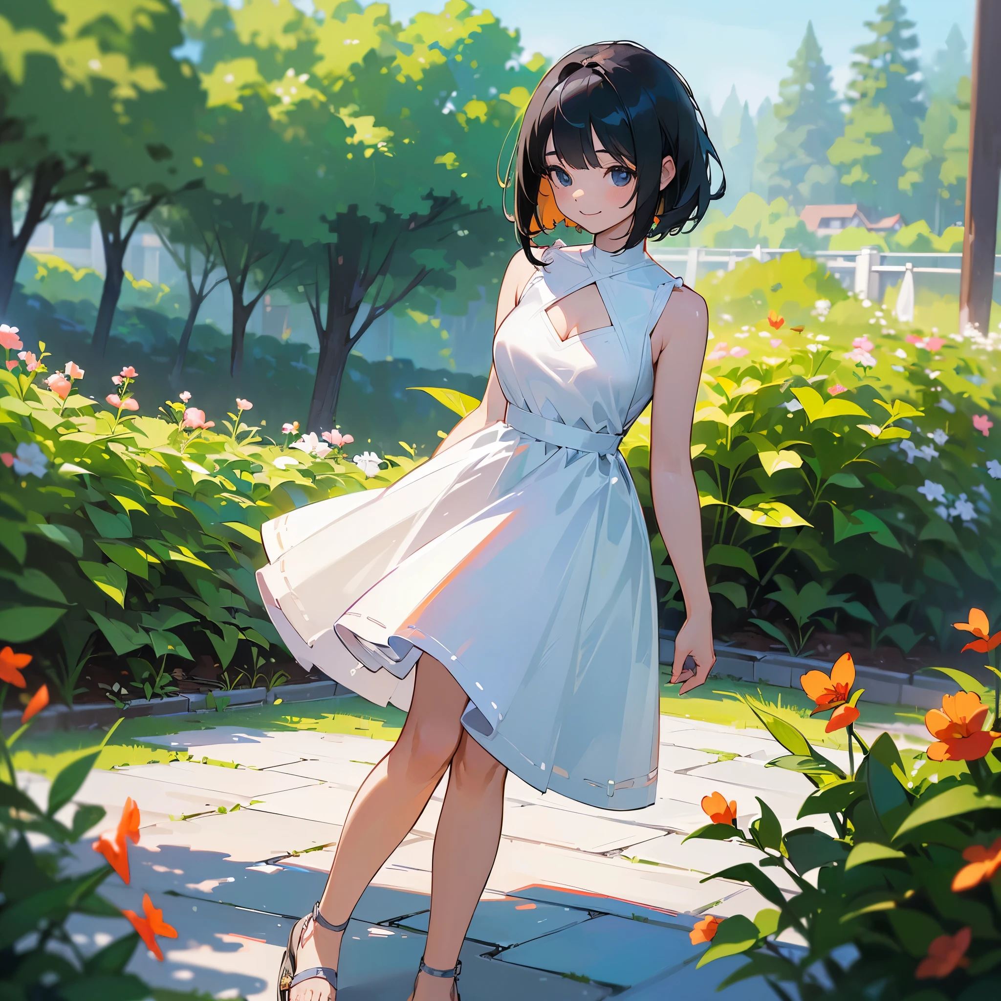 (high quality, High resolution, Very detailed, reality:1.37), Peaceful atmosphere, (Outdoor, garden), teenage girl standing alone, (my breasts are big.), Beautiful detail features, Cute Smile, (Black bob hair), White sleeveless dress, Sandals.