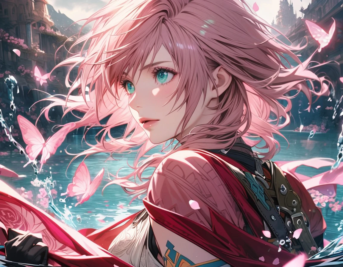 Ultra detailed, Highres, absurdres, Claire Farron, wavy pink short hair, aqua pale expressive eyes, Final Fantasy XIII, white dress with patterns, pink flowers, petals, extremely beautiful, woman, solo, very detailed eyes and face, black gloves, water, pink butterflies, red cape, Lightning Farron,