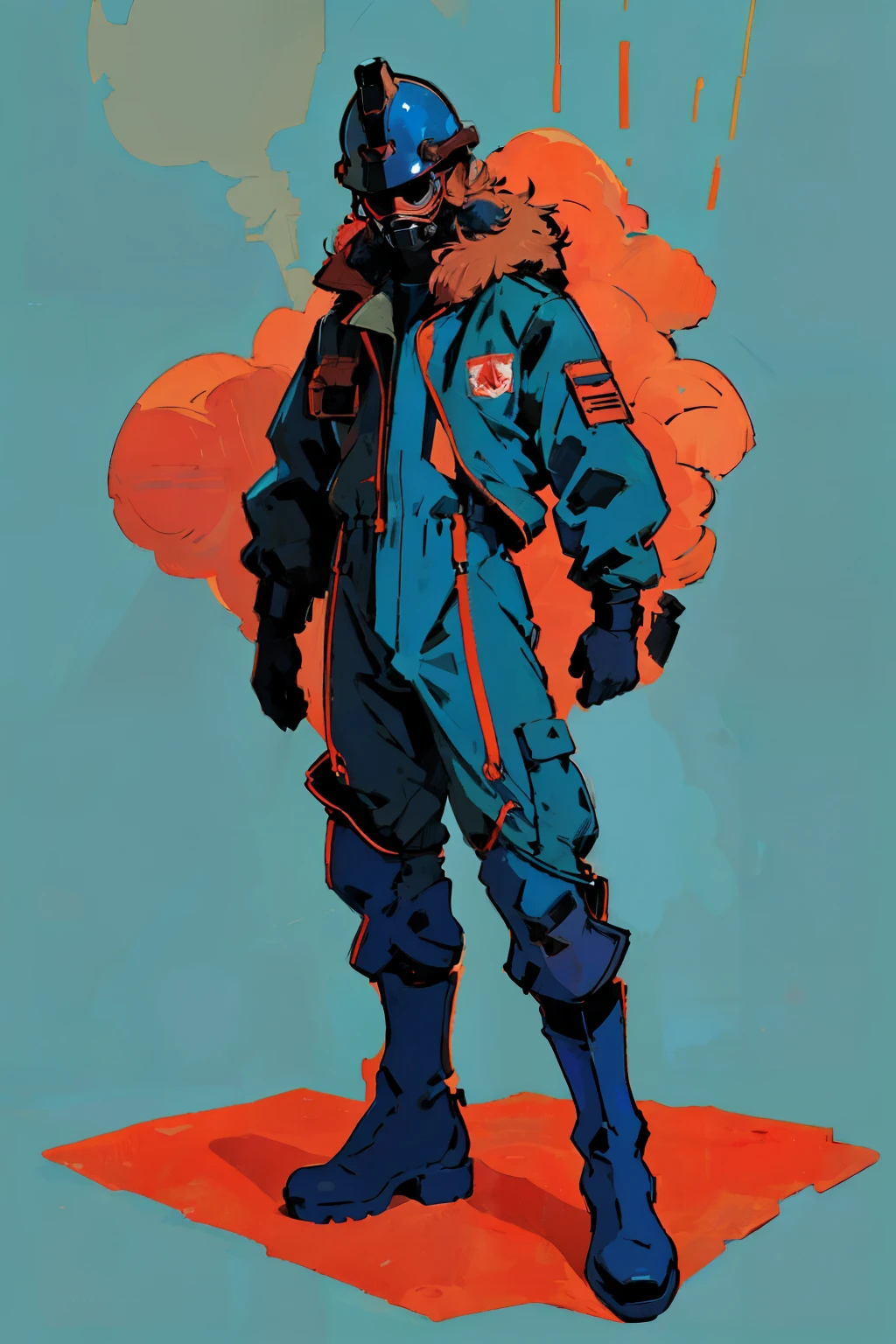 full body image, (ultra detailed,ultra high res,detailed background),((2D)),((flat color)),((muted color)), 1solo, looking at viewer, baggy flight suit, large fur collared bomber jacket, (big red galoshes), plush collar, full body image, square helmet, ((smokey blue background)), ((apocalyptic city)), entire body in frame, 