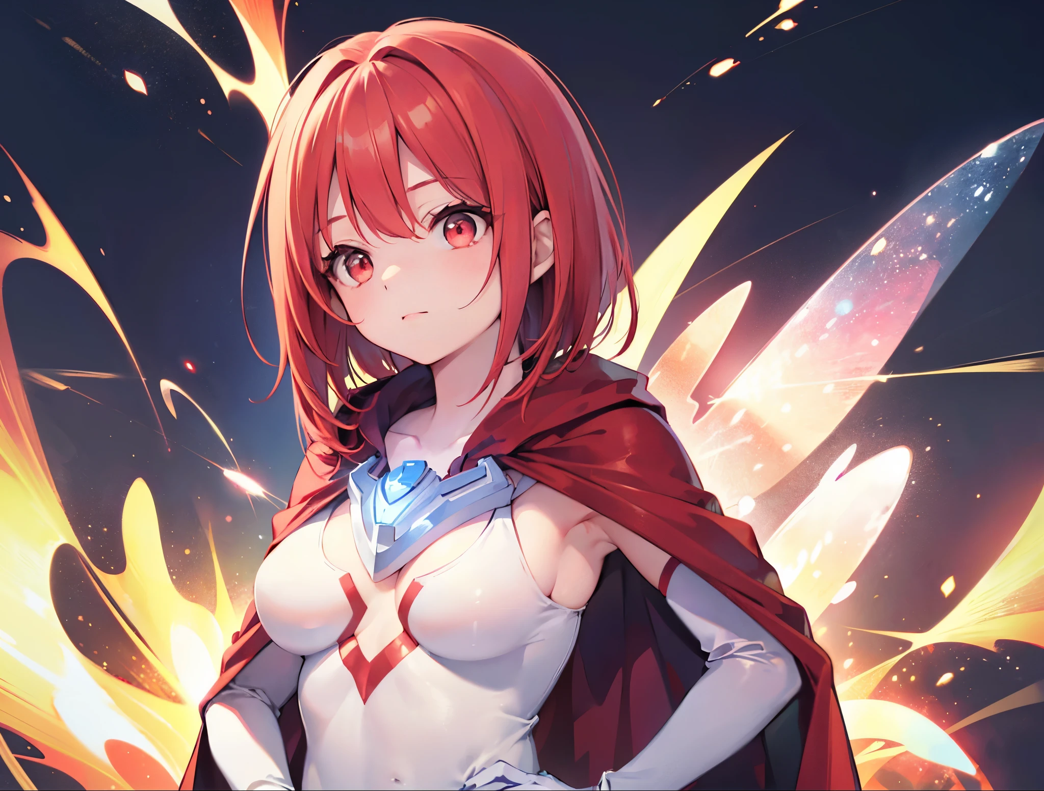 Ultra Close-Up,Realistic,highest quality, Ultra Detail, High-quality CG rendering, The most delicate and beautiful, Floating softly, High resolution, (1 girl), (Highest quality,4K,8K,masterpiece:1.2),(All red hair:1.5), (Medium Hair:1.5),(Red eyes:1.5), (Ultra Girl:1.0), (All red Ultraman bodysuit:1.4),(Slightly larger breasts:1.5),(Upper Body:1.4),(Clenched Fist:1.2),(Place your hands on your hips:1.2), (Red gloves:1.3),(Red Cape:1.3),Look up