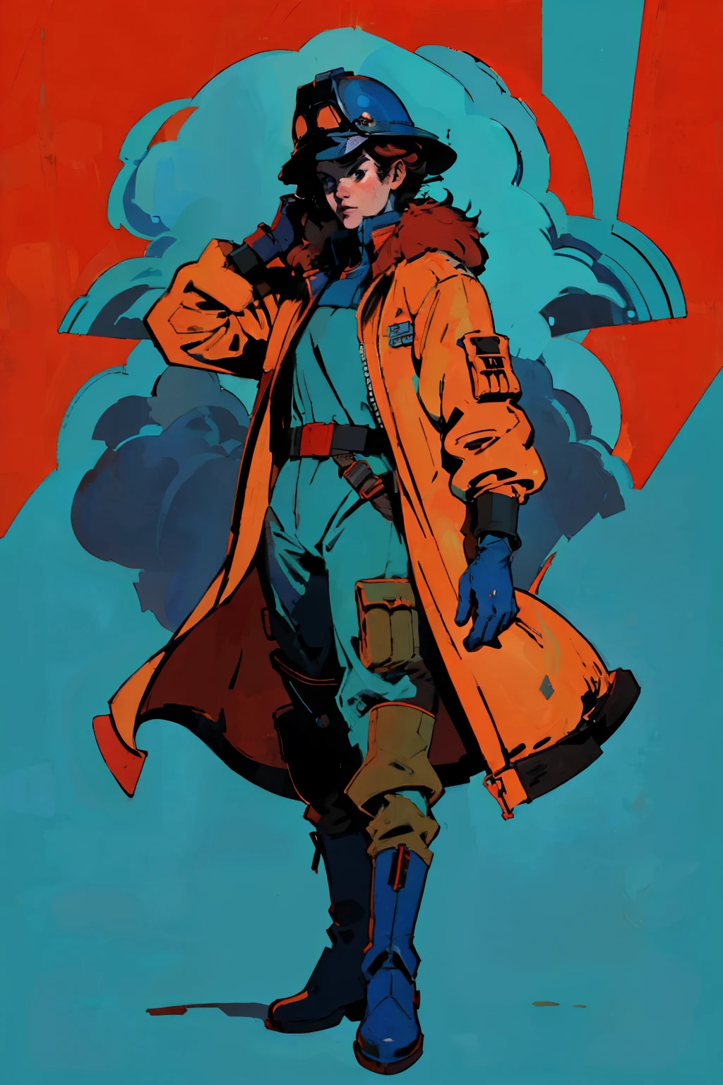 full body image, (ultra detailed,ultra high res,detailed background),((2D)),((flat color)),((muted color)), 1solo, looking at viewer, baggy flight suit, large fur collared bomber jacket, (big red galoshes), plush collar, full body image, square helmet, ((smokey blue background)), ((apocalyptic city)), entire body in frame, 