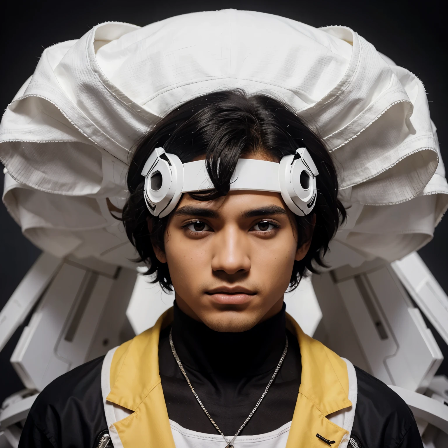 Haz un chico de pelo negro con mechas blancas y ojos arananjados anime