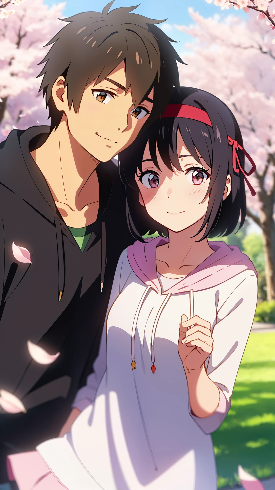 shinkai makoto, kimi no na wa., 1girl, 1boy, bangs, black hair, (boy wear hood, hoodie), ((girl wear hood, hoodie, red headband), blush, brown eyes, red ribbon, short hair, smile, cute, beautiful, love, adorable, couple, dating, looking at the viewer, cherry_blossoms, falling_petals, petals, branch, pink_flower, sky, sunlight, spring_season, wind, tree, upper body