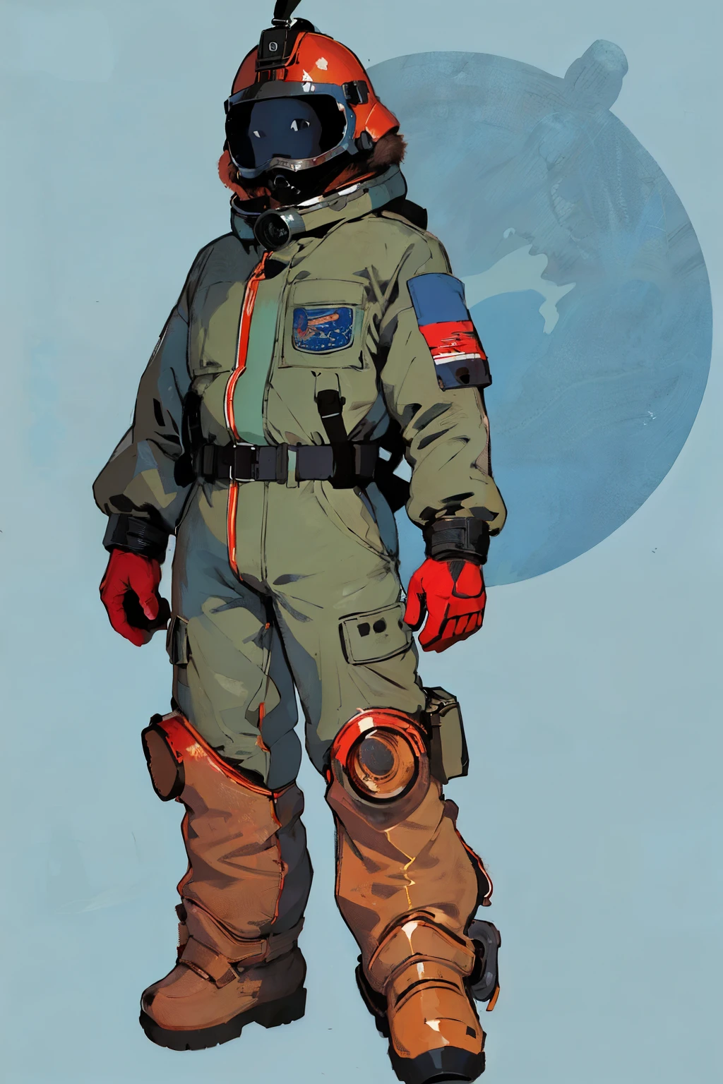 full body image, (ultra detailed,ultra high res,detailed background),((2D)),((flat color)),((muted color)), 1solo, looking at viewer, baggy flight suit, large fur collared bomber jacket, (big red galoshes), plush collar, full body image, square helmet, ((smokey blue background)), ((apocalyptic city)), entire body in frame, 