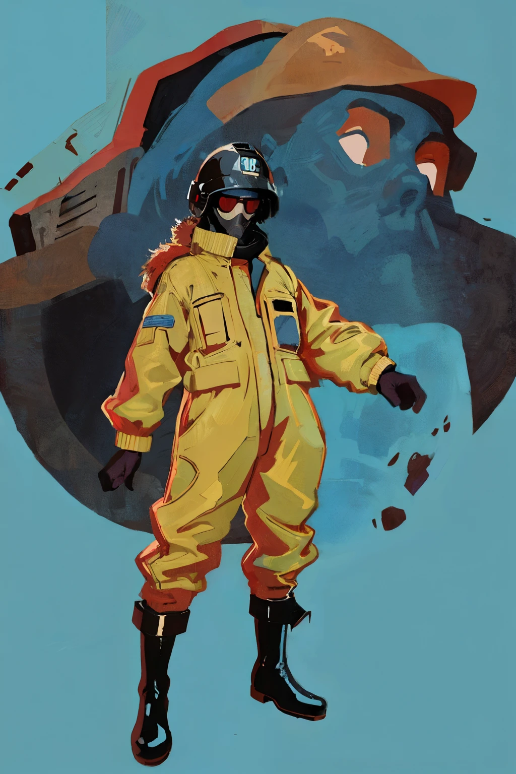 full body image, (ultra detailed,ultra high res,detailed background),((2D)),((flat color)),((muted color)), 1solo, looking at viewer, baggy flight suit, large fur collared bomber jacket, (big red galoshes), plush collar, full body image, square helmet, ((smokey blue background)), ((apocalyptic city)), entire body in frame,