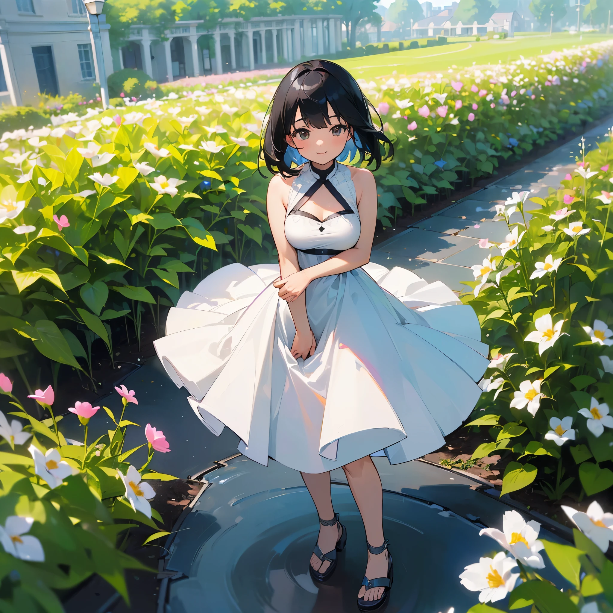 (high quality, High resolution, Very detailed, reality:1.37), Peaceful atmosphere, (Outdoor, garden), teenage girl standing alone, (my breasts are big.), Beautiful detail features, Cute Smile, (Black bob hair), White sleeveless dress, Sandals.