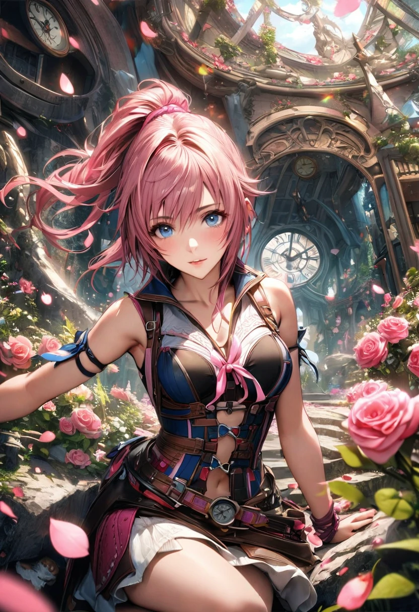 absurdres, highres, ultra detailed, HDR, master piece, Claire Farron, pink hair, short hair, expressive pale aqua eyes, black and white clothes, black long gloves, black pants, Final Fantasy XIII, woman, extremely beautiful, best quality, fantasy, magical, solo, sensual, Lightning Farron, pink roses, glittering