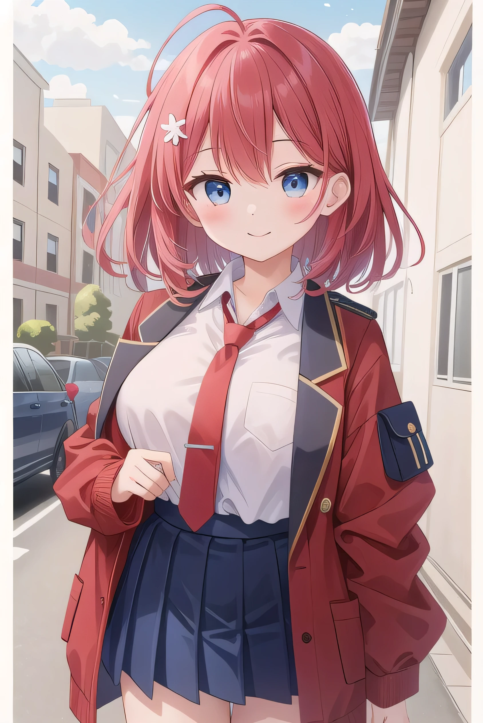 Big breasts, red hair, blue eyes, droopy eyes, red jacket, long sleeves, navy skirt, elementary school student, super big breasts, (medium hair: 1), baggy clothes, elementary school student, young face, short height, , old, shy Agari, smiling a little, trying to unbutton his shirt, white shirt,red tie, soft hair,straight hair