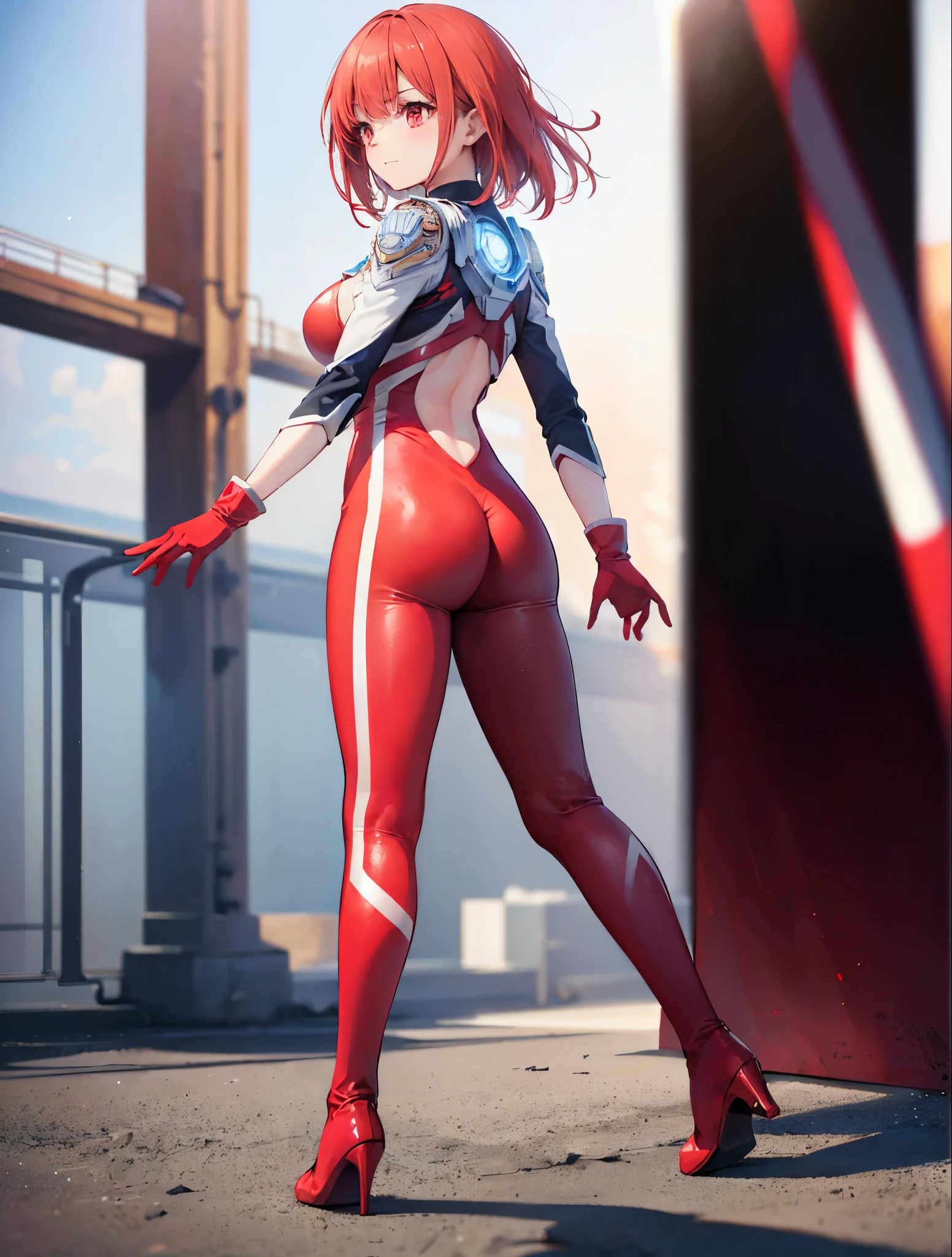 Realistic,highest quality, Ultra Detail, High-quality CG rendering, The most delicate and beautiful, Floating softly, High resolution, (1 girl), (Highest quality,4K,8K,masterpiece:1.2),(All red hair:1.5), (Medium Hair:1.5),(Red eyes:1.5), (Ultra Girl:1.0), (All red Ultraman bodysuit:1.4),(Slightly larger breasts:1.5), (Red gloves:1.3),(Red Shoes:1.3),(Turn your back to your audience:1.3),Ass,whole body