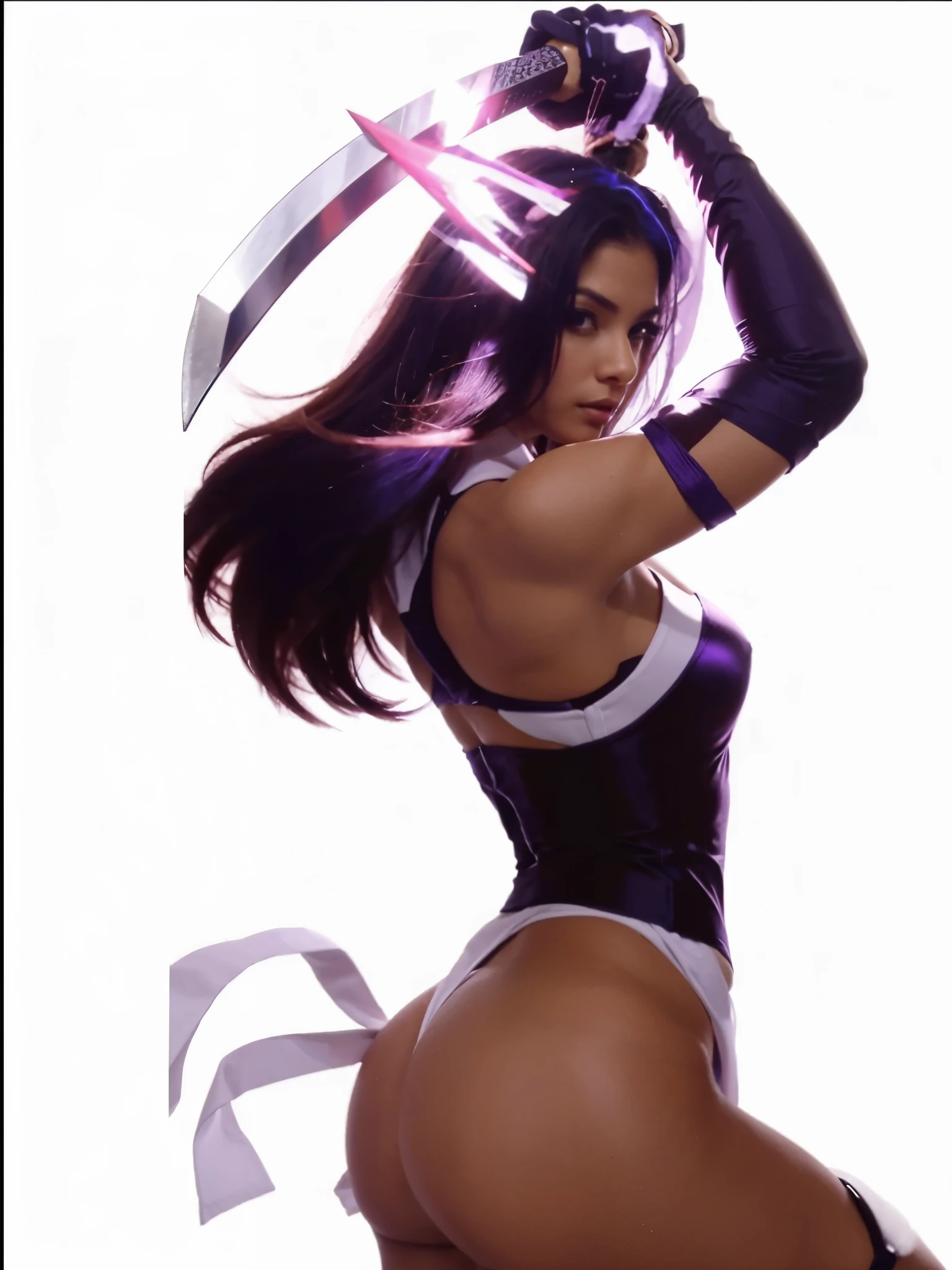 Mulher corpo musculoso, corpo sexy, traje azul, cabelo roxo, segurando katana.