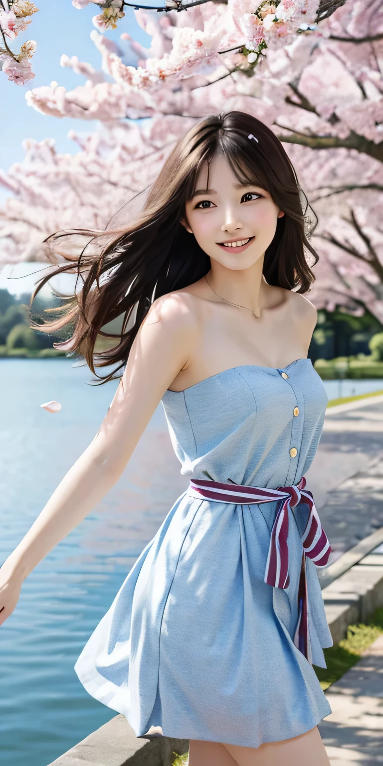 masterpiece,real photos,(solo) Real light and shadow，HDR backlight，Contour light，Shallow depth of field，reddish brown long straight hair，Elegant Chinese beauty,smile,Dancing by the lake, Wearing a strapless cardigan dress，The light reflects on her skin，The breeze blew her face，Surrounded by cherry blossom trees，petals flying everywhere，The skirt is flying and rhythmic，taking photos by Fujifilm high-grain 400 film, wild-angle view