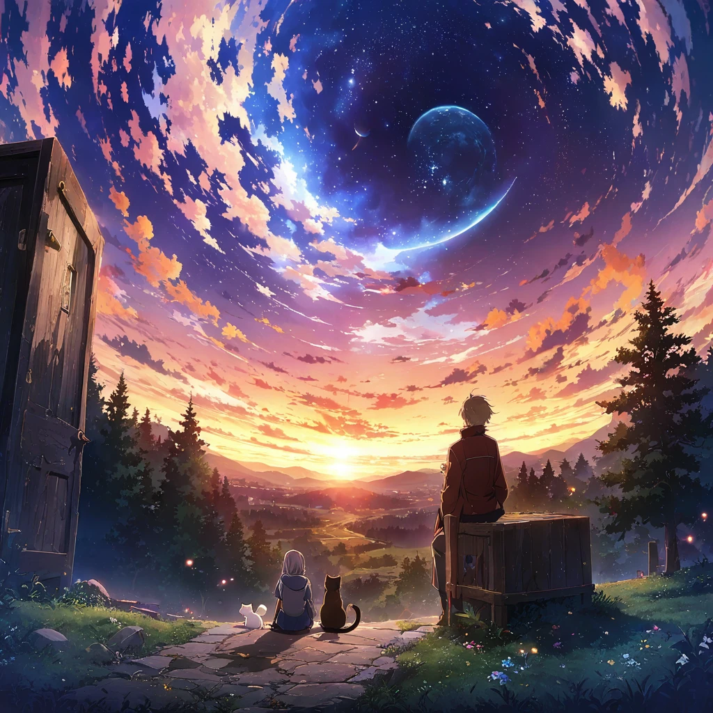 Anime drawings inspired by Makoto Shinkai, 「Sparrow&#39;s Door Lock」, A rotten wooden door standing alone on an empty hill, Pixiv Topics, Space Art, Makoto Shinkai Cyril Roland, Anime Japanese man and woman in their late teens, back view, sitting and looking at the sky, Munakata Sohta, Suzume Iwato, 二人の周りにWhite Cat少女とBlack cat少女とThree-haired cat少女が空駆けまわる様にいる, 4k anime wallpaper,Anime Art Wallpapers 8K, anime art wallpaper 16k, Anime Art Wallpapers 32K, Important, さImportant, White Cat, Black cat, Three-haired cat