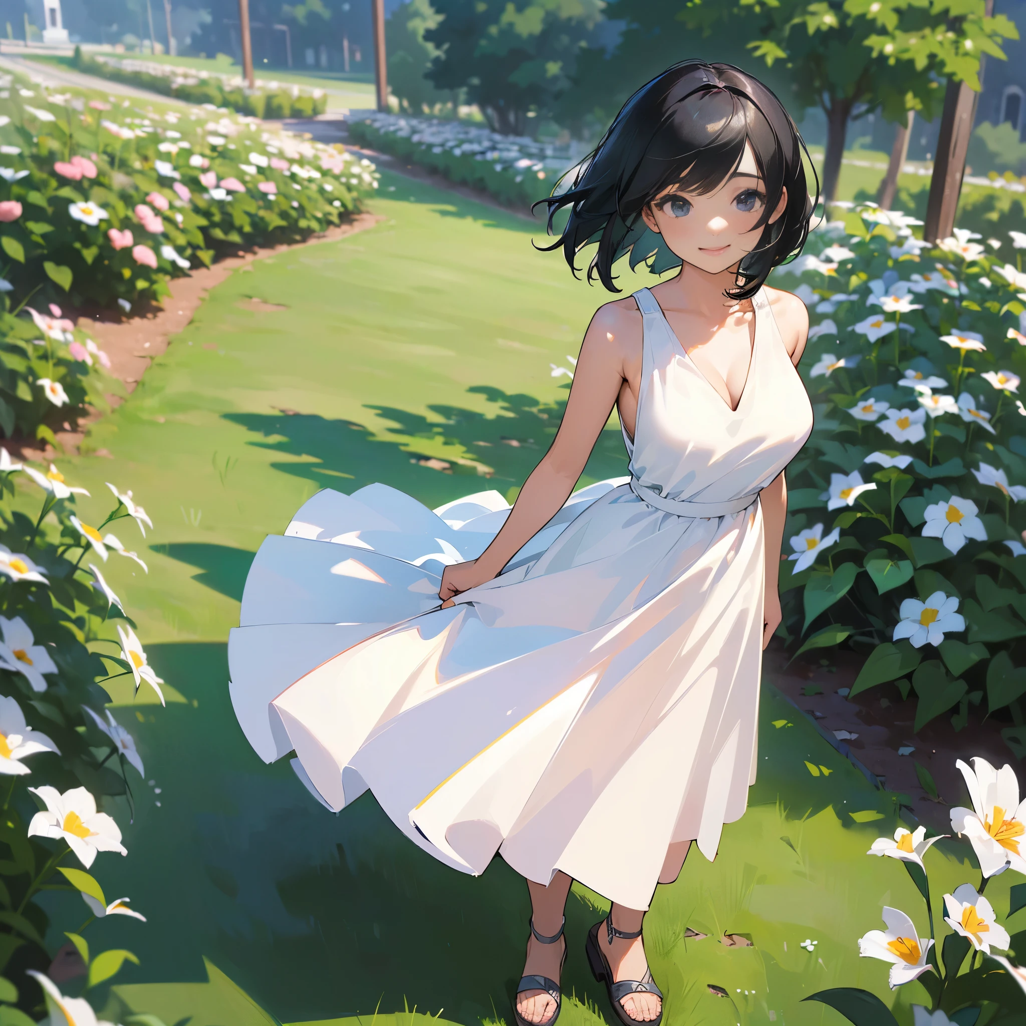(high quality, High resolution, Very detailed, reality:1.37), Peaceful atmosphere, (Outdoor, garden), girl standing alone, (my breasts are big.), Beautiful detail features, Cute Smile, (Black bob hair), White sleeveless dress, Sandals.