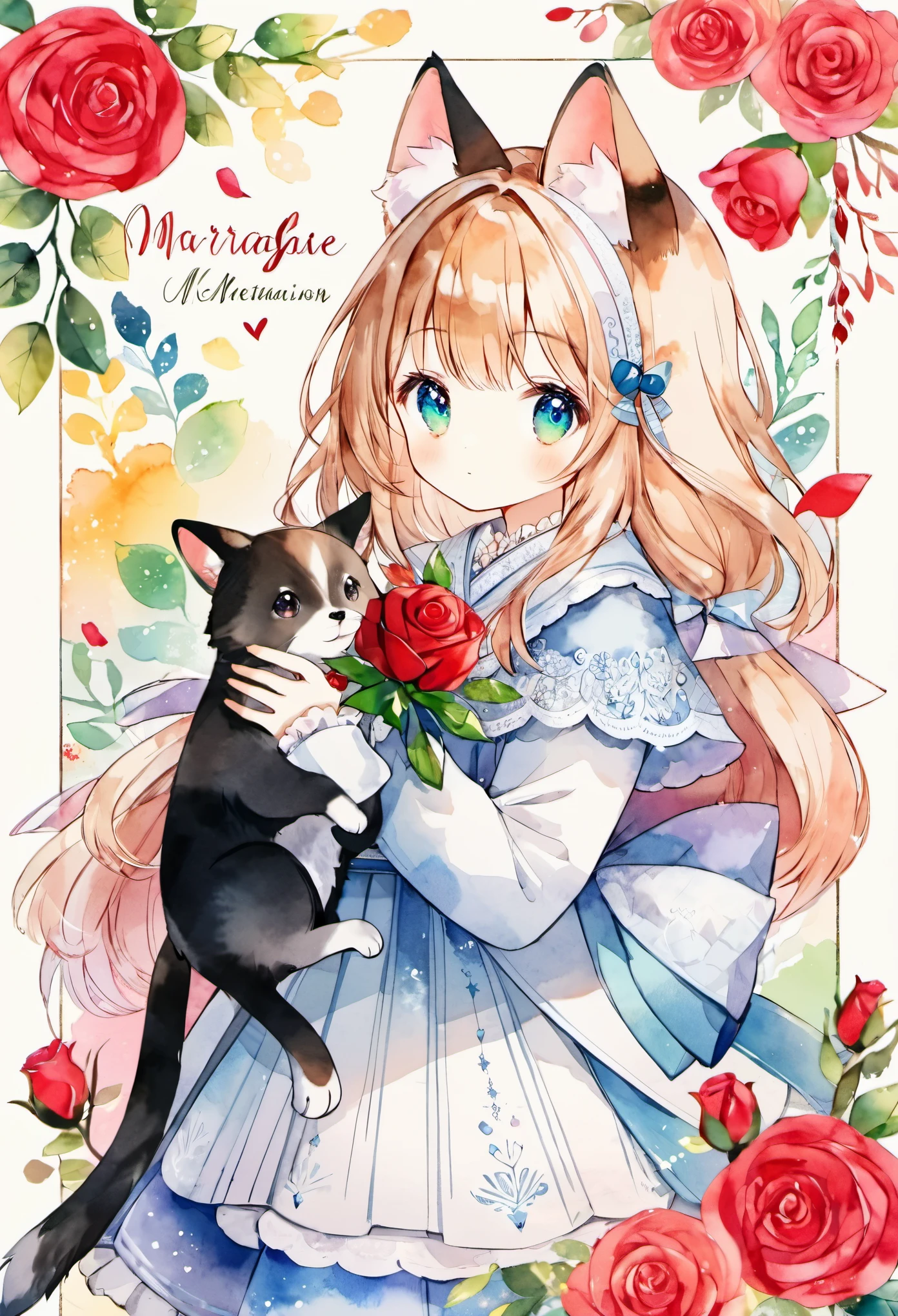 cover page, marriage information magazine, Watercolor elements, 1girl, kemono, furry, detailed body fur, animal face, animal hand, cute girl holding a red rose and looking at viewer,