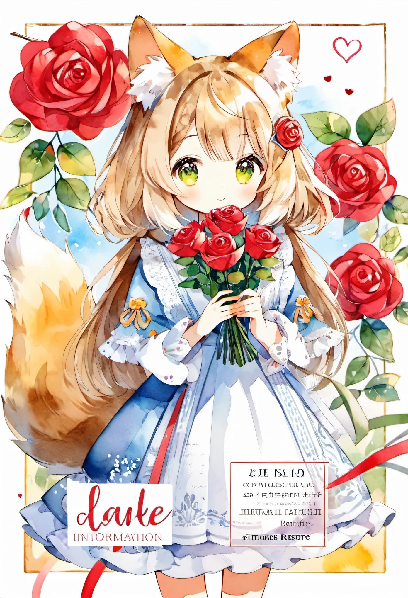 cover page, marriage information magazine, Watercolor elements, 1girl, kemono, furry, detailed body fur, animal face, animal hand, cute girl holding a red rose and looking at viewer,