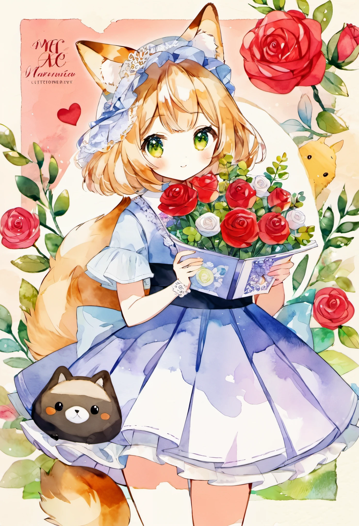 cover page, marriage information magazine, Watercolor elements, 1girl, kemono, furry, detailed body fur, animal face, animal hand, cute girl holding a red rose and looking at viewer,