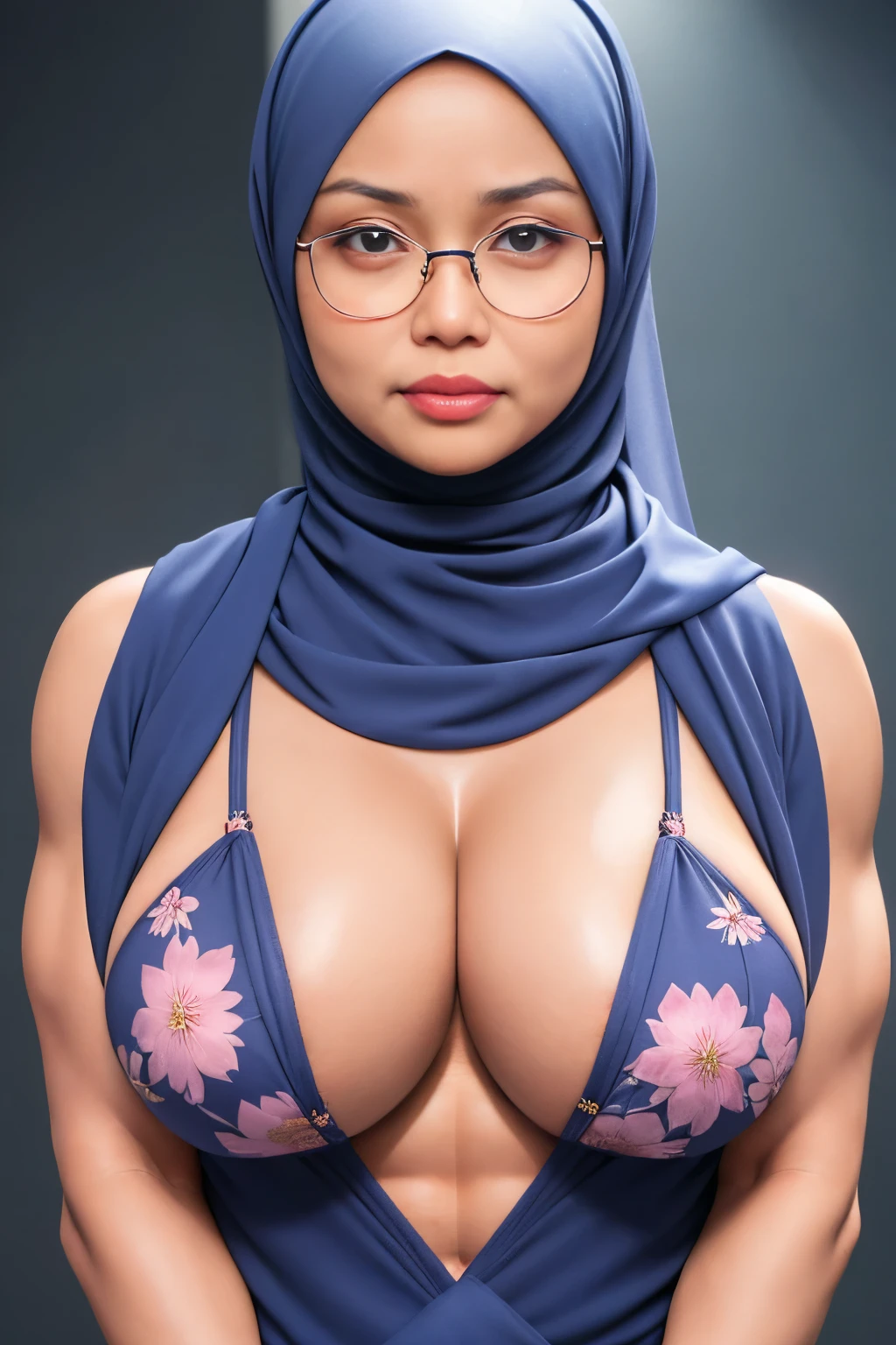 SPECTACLES, ((SHORT HIJAB)), ((Gigantic tits:1.4)), (dynamic photograph of a 58 year old Indonesian woman), (slim top, cotton panties), (straight non curly hair), (highly detailed face:1.4), (vascular muscles and abs:1.3), (background inside light, bright, private gym:1.1), (8k, uhd, dslr, high quality, cinematic lighting, bokeh), (dramatic, award winning photography, incredible masterpiece:1.3), (((sexy sultry stare at camera:0.8))), close up, ((she is ready to dominate you:0.5)), ((beautiful feminine face)), add_detail:1, ((Colourful floral pattern))