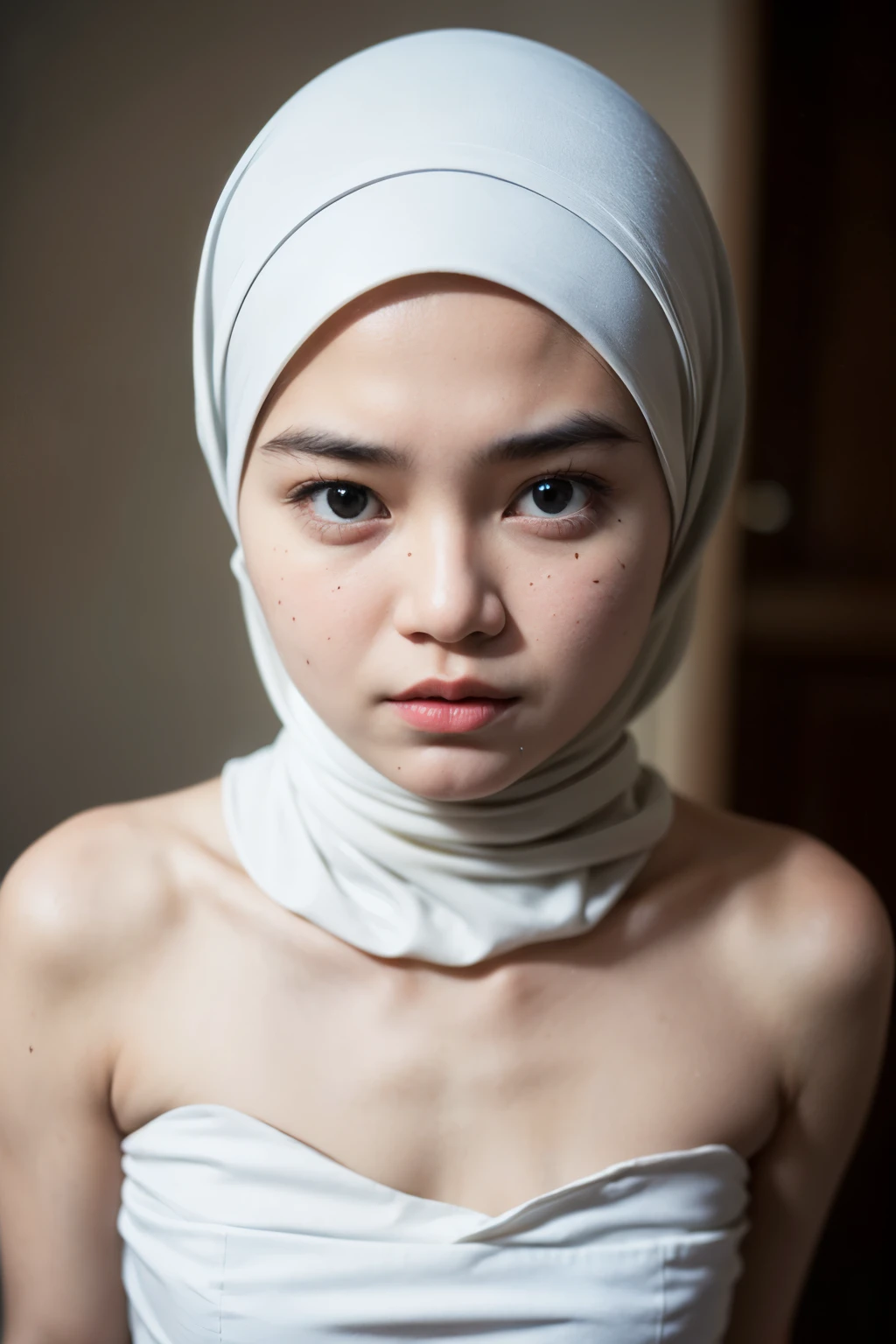 ((Flat Chest)), Naked, Angry pose, Angry face, (((HIJAB MALAY GIRL))), masutepiece, High quality, UHD 45K, Realistic face, Realistic skin feeling , A Malaysia Lady, 8 years old, , Very cute and baby-like face, (((FLAT CHEST))), (MATRIX WORLD), ((look In front at the camera and SADNESS)), ((())), (((CUTE GIRL))), ((WHITE PASTEL LIPS)), ((WEARING STRAPLESS PASTEL)), ((CHUBBY)), ((???????)). Brown, Flat Chest,