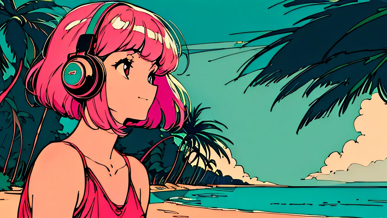 asian woman with long pink hair standing on the beach in a bikini, photo from behind, posing on a beach with the ocean