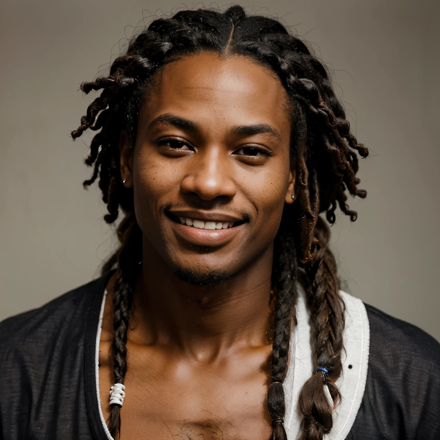 Insanely detailed photograph of a handsome African American male with dreads and pretty white teeth and smooth dark skin