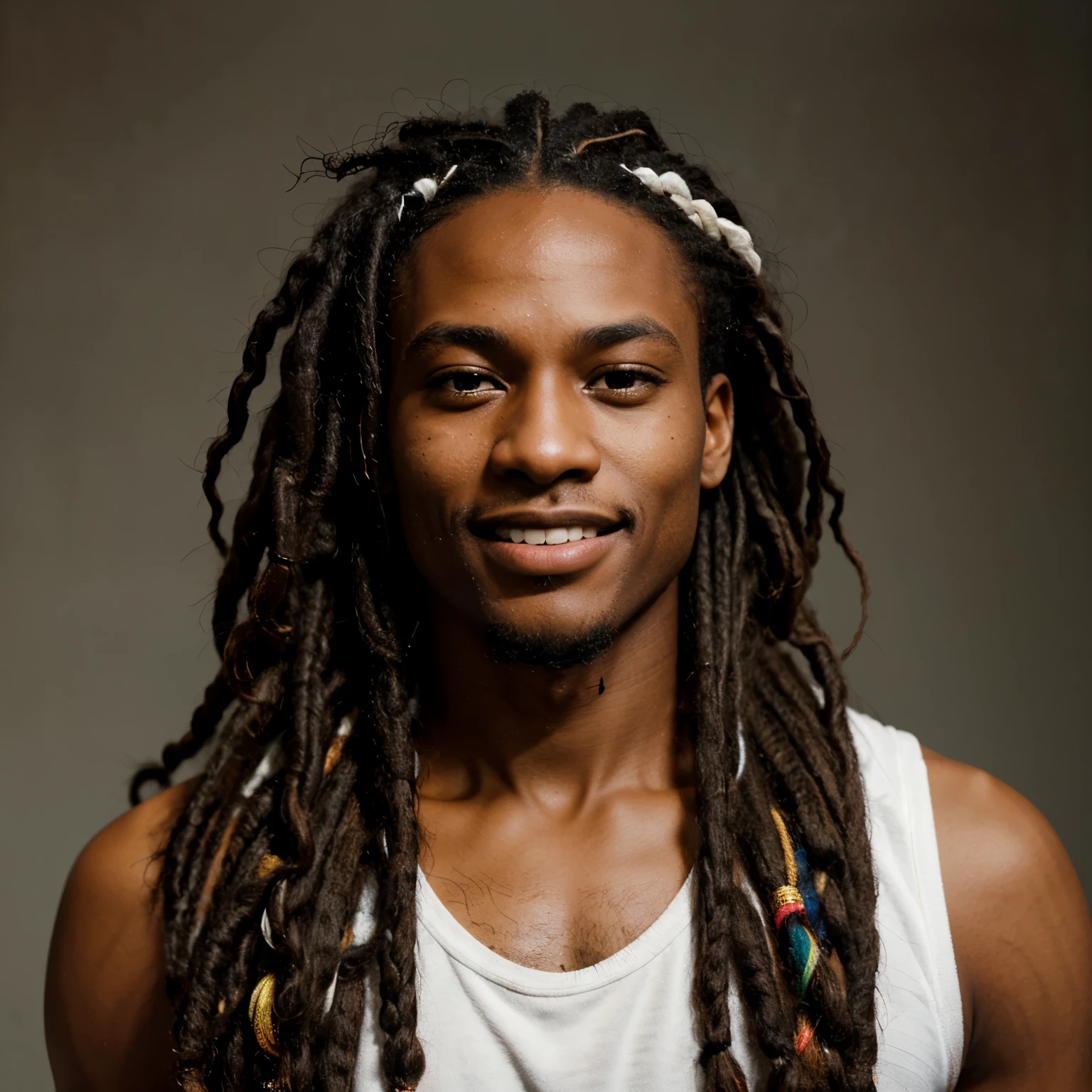 Insanely detailed photograph of a handsome African American male with dreads and pretty white teeth and smooth dark skin