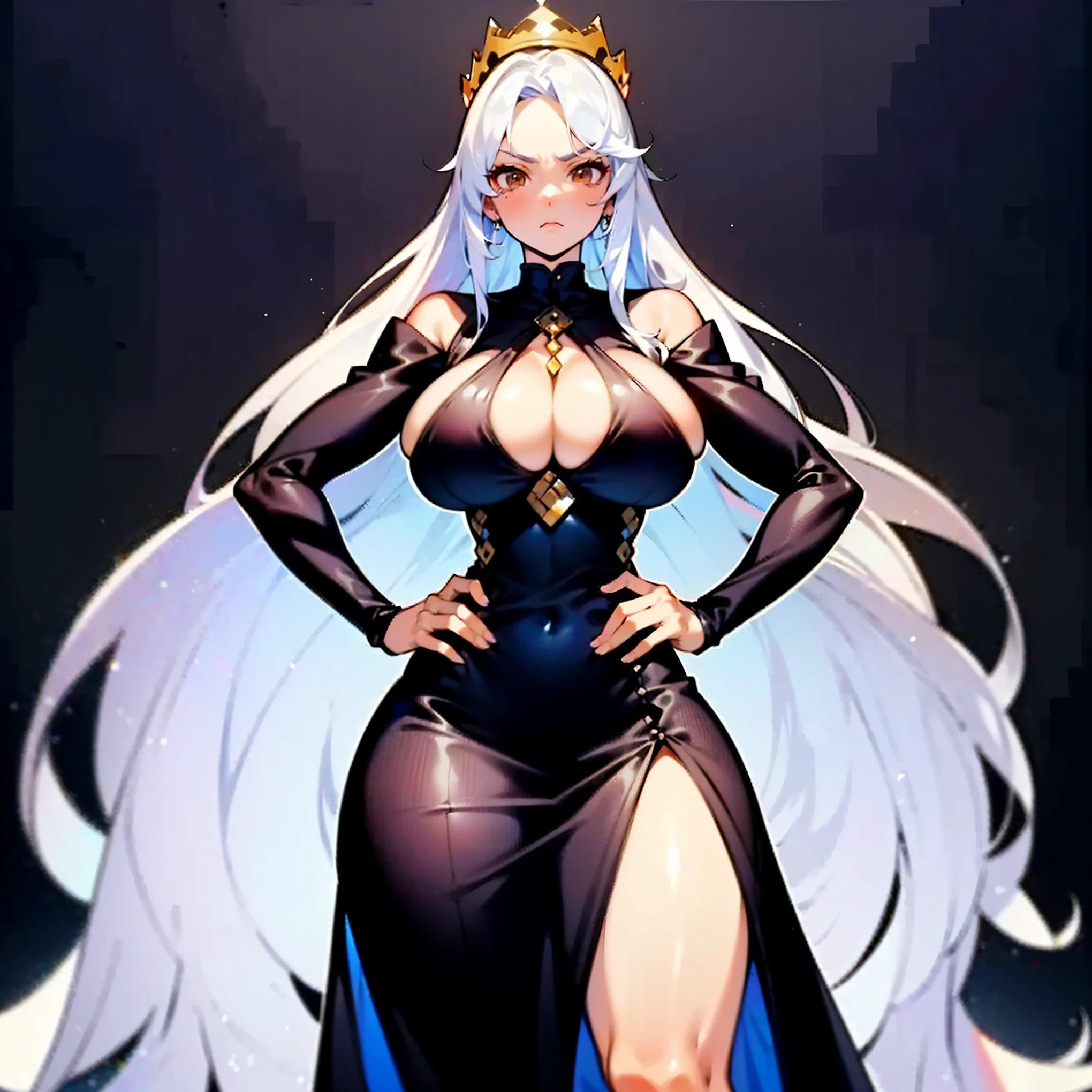 1woman, long white hair, brown eyes, big breast, wide hips, black bodycon dress, black heels, crown, hands on hips, serious face, ((full body)), ((solo)), ((best quality)), ((masterpiece)), portrait, looking at the camera, from the front, simple background, ((detailed)), ((perfect anatomy)), ((detailed art)), ((high definition)), ((4k)), ((high resolution))