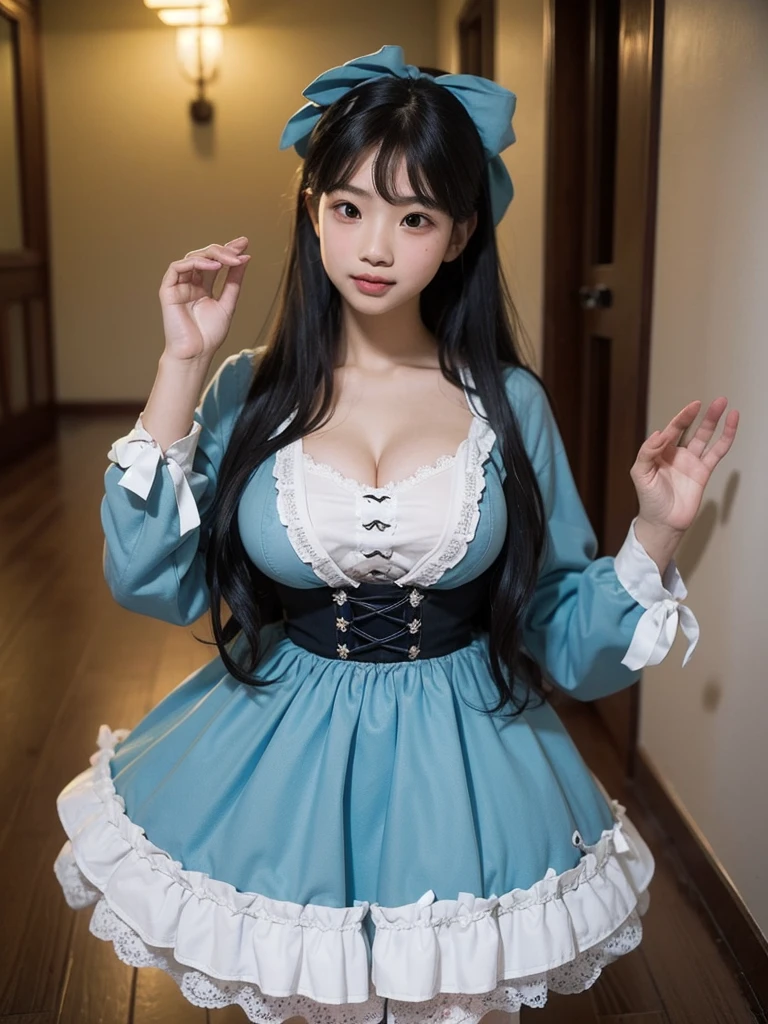 Master quality, highest quality, Best image quality, Exaggerated details, Cute 8 year old Asian boy with embarrassed expression, I narrowed my eyes a little., Style your hair, Long eyelashes (Long Hair / very, very exaggerated big breasts / Wearing a gorgeous Lolita skirt) At night, In the hallway, Strike a pose for the camera,Slightly enlarged chest