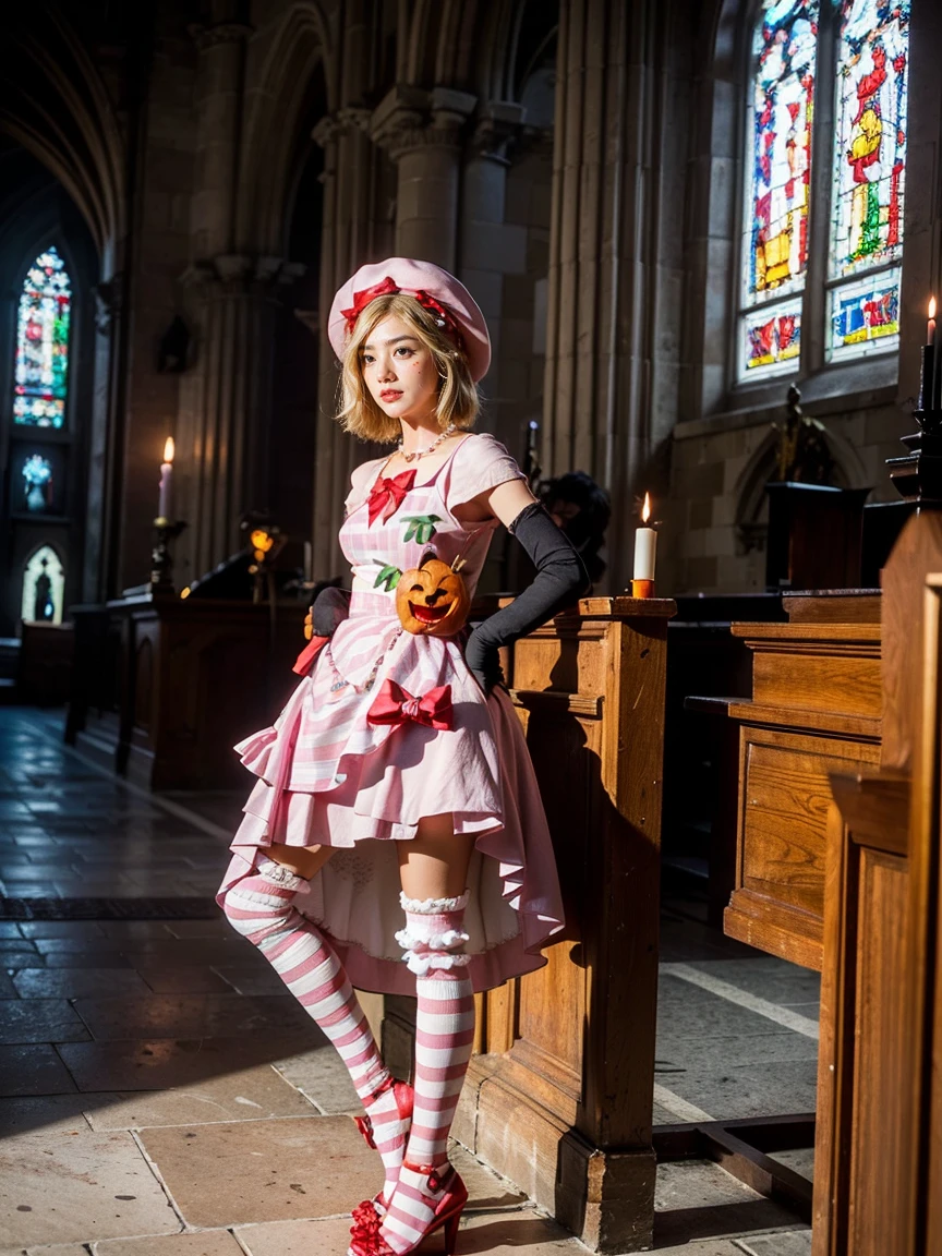 (1 lady), The beautiful, (Best quality at best:1.4), (ultra - detailed), (extremely detailed CG unified 16k), gold blonde hair, very detailed, High-definition RAW color photo, professional photoshooting, amazing face and eyes, cosmetics, (amazingly beautiful girl), ((lambdadelta, tall woman, taller)), ((dress, shoes bow, red shoes, striped stockings, red bow, pink hat, necklace, gloves, pearl, pumpkin brooch, pink dress)), standing, sexyposture，(Dark and stylish cathedral, stained glass, altar, before the altar, candle lights, candle lights:1.3), (look from down), realistic cinematic face, head to feet long wide zoomed out view, full body long view, photorealistic, ((realistic natural blonde hair style, honey eyes)), gorgeous, extremely beautiful face, perfect model beauty, pout mouth, flirting smile, cleavages, city girl, western, shopping in the city, (masterpiece), best quality, high resolution, extremely detailed, blurred background, depth of field, cinematic lighting, (amazing legs, strong legs, athletic legs), high heels, clear and well-cared skin