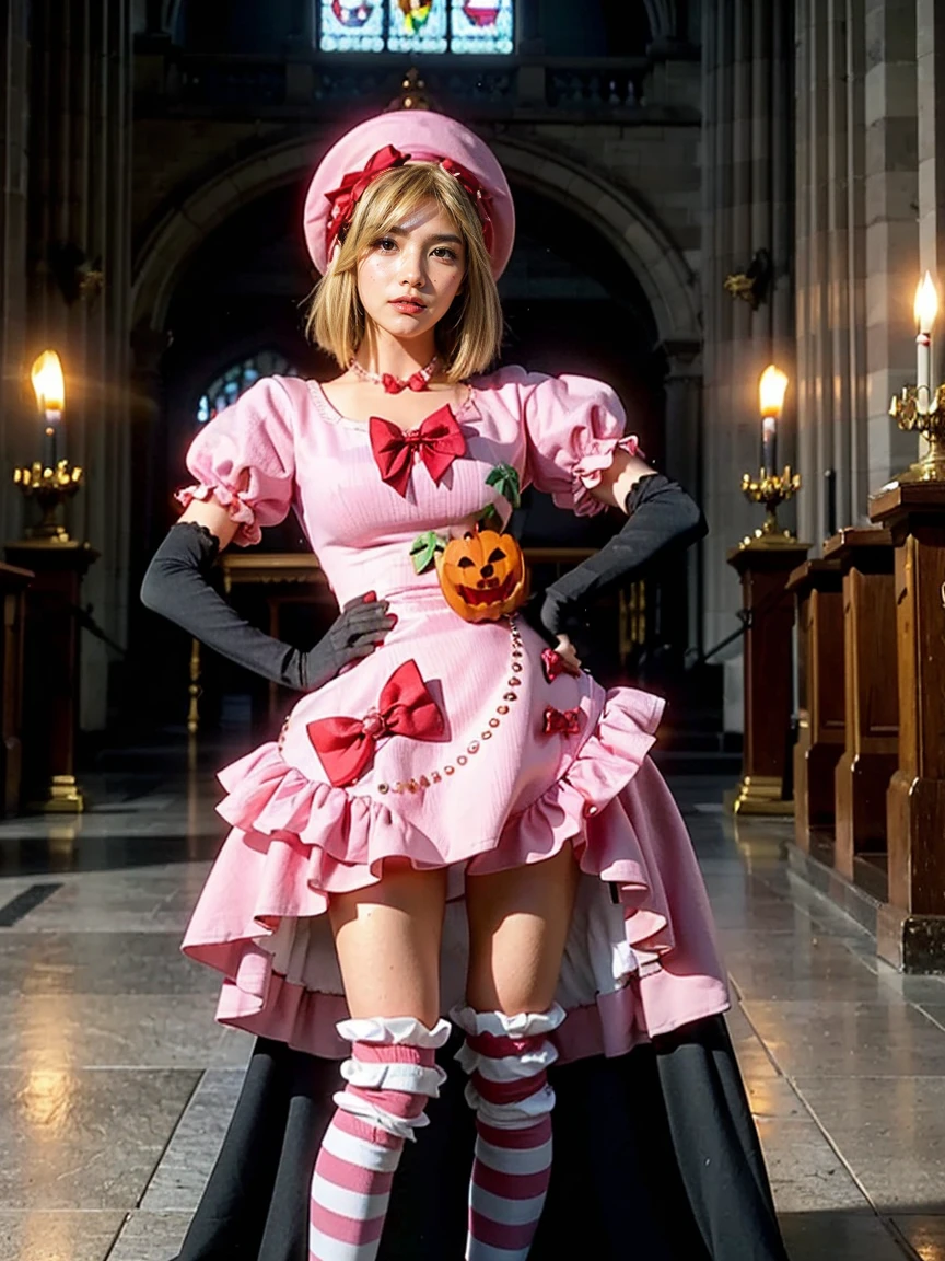 (1 lady), The beautiful, (Best quality at best:1.4), (ultra - detailed), (extremely detailed CG unified 16k), gold blonde hair, very detailed, High-definition RAW color photo, professional photoshooting, amazing face and eyes, cosmetics, (amazingly beautiful girl), ((lambdadelta, tall woman, taller)), ((dress, shoes bow, red shoes, striped stockings, red bow, pink hat, necklace, gloves, pearl, pumpkin brooch, pink dress)), standing, sexyposture,(Dark and stylish cathedral, stained glass, altar, before the altar, candle lights, candle lights:1.3), (look from down), realistic cinematic face, head to feet long wide zoomed out view, full body long view, photorealistic, ((realistic natural blonde hair style, honey eyes)), gorgeous, extremely beautiful face, perfect model beauty, pout mouth, flirting smile, cleavages, city girl, western, shopping in the city, (masterpiece), best quality, high resolution, extremely detailed, blurred background, depth of field, cinematic lighting, (amazing legs, strong legs, athletic legs), high heels, clear and well-cared skin