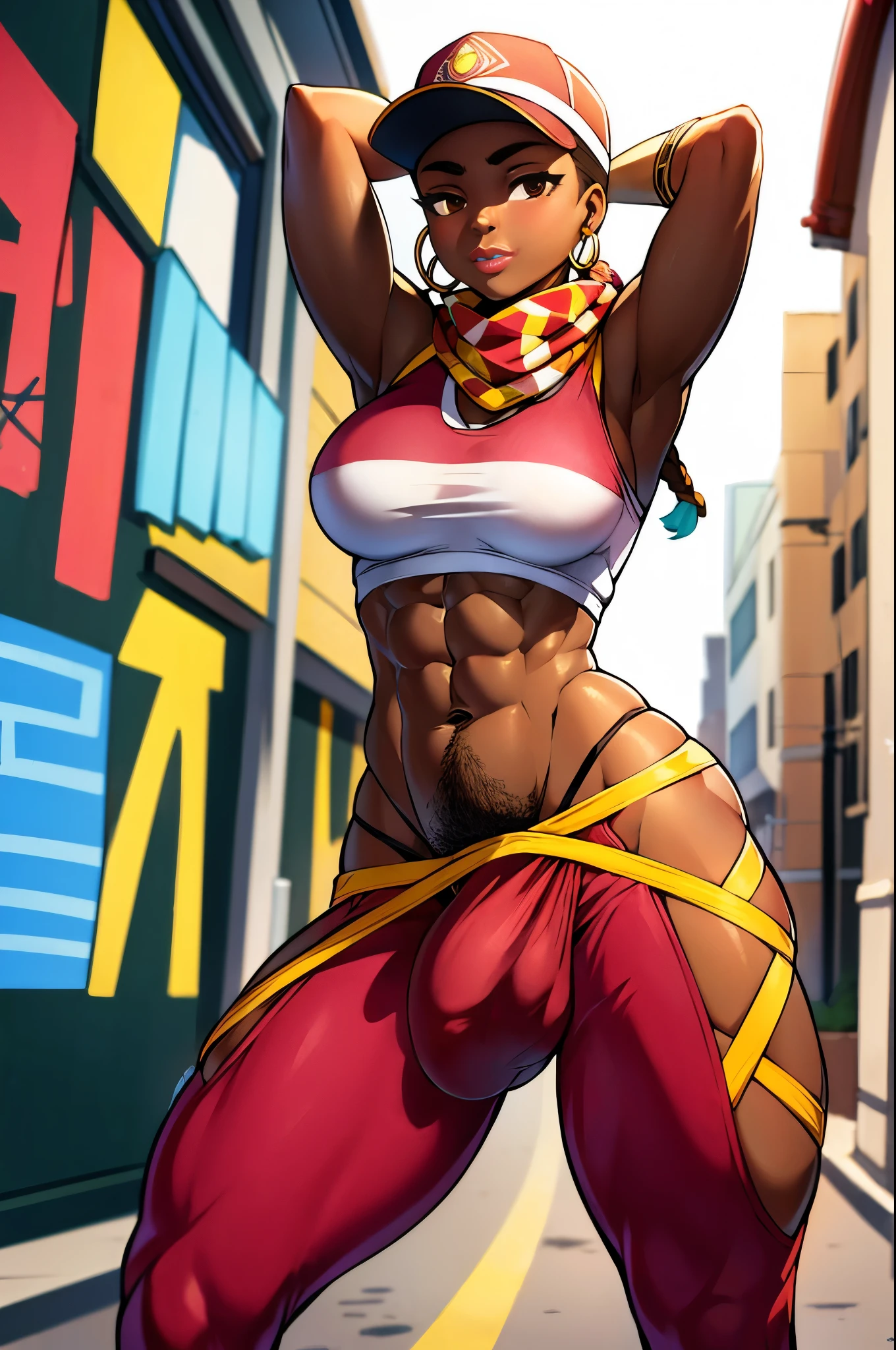 (solo:1.1),(masterpiece), (best quality:1.3), (full Body:1.1) , highly detailed, intricate, professional art, digital art, absurdres, 1girl, solo, black hair, braided hair, hair with coloured tips, slender body, tall girl, long legs, fit girl, abs, full lips, African American, dark brown eyes, gold hoop earrings, smile, visor cap. brown skin, (dark brown skin:1.4), (red pants:1.2), sneakers, sports bra, fingerless cloves, bandana scarf, medium breasts, wide hips, thick thighs, full lips, futanari, testicle bulge between thighs, (crotch bulge:1.4), pubic hair, pubic hair trail, BREAK, alleyway, dynamic pose, city, graffiti wall, BREAK frontal view, (universal lighting:1.2), BREAK