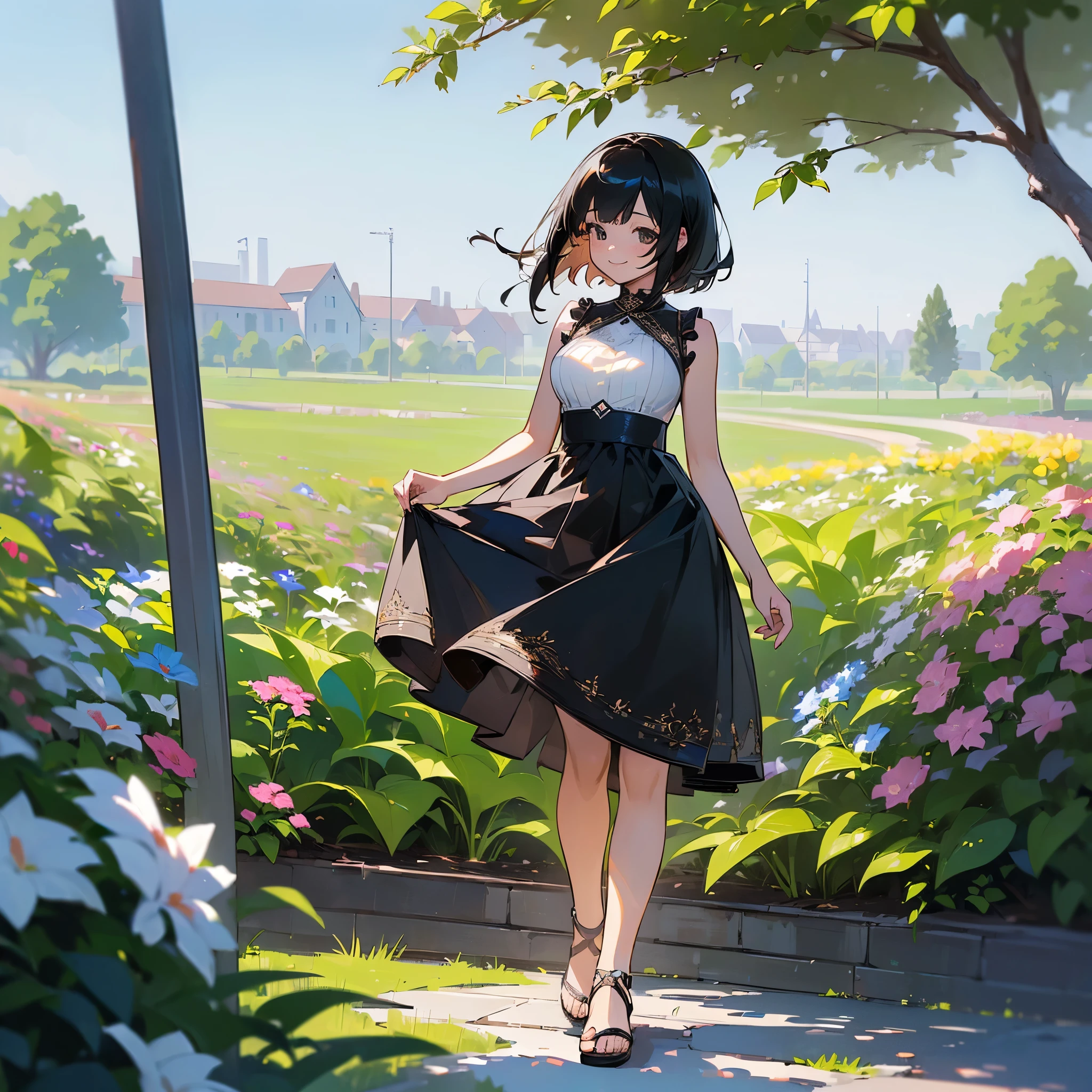(high quality, High resolution, Very detailed, reality:1.37), Peaceful atmosphere, (Outdoor, garden), teenage girl standing alone, (my breasts are big.), Beautiful detail features, Cute Smile, (Black bob hair), White sleeveless dress, Sandals.