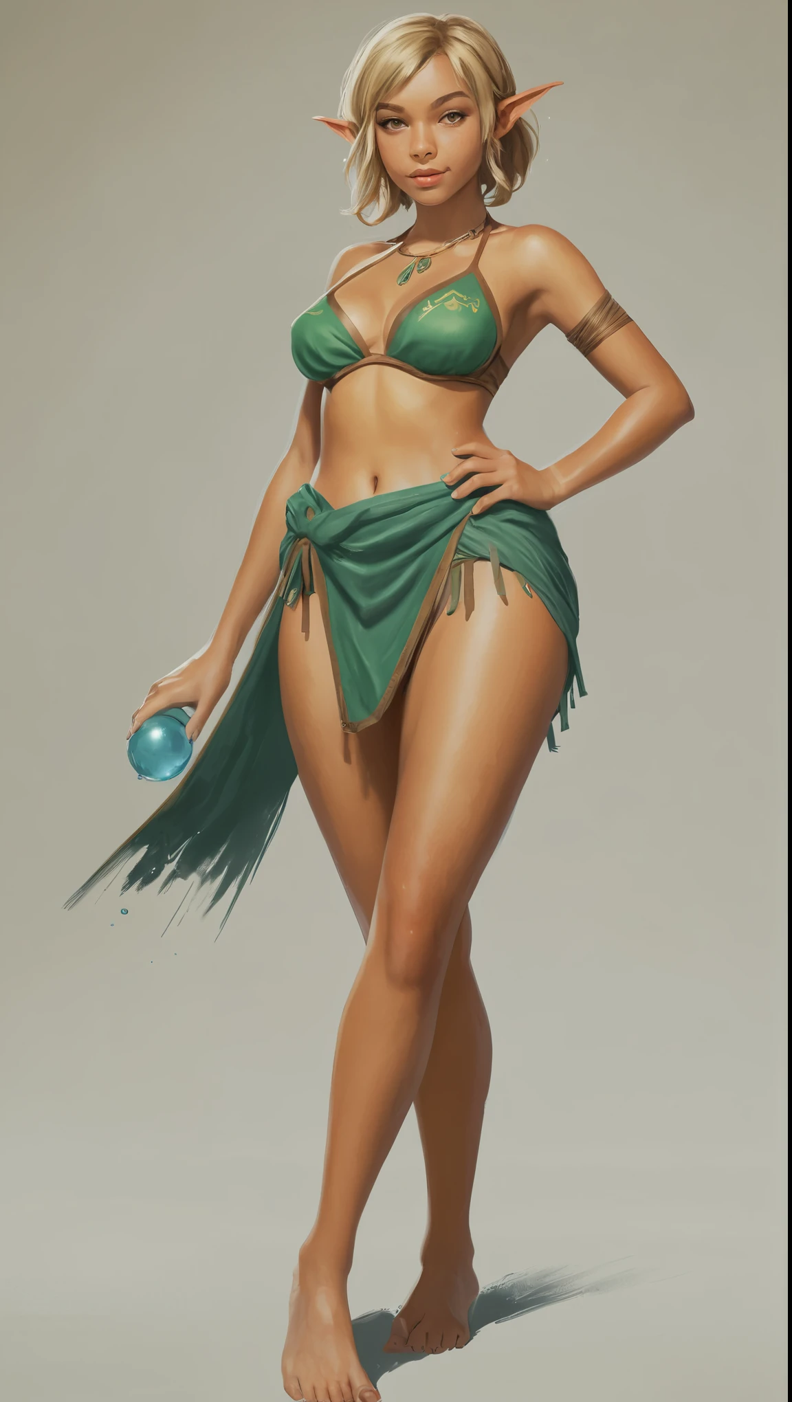 An illustrated movie poster, hand-drawn, full color, a age elven girl, wearing a sarong bikini, sun-tanned complexion, very tall, athletic body, hourglass figure, curvy, slightly chubby, bottom-heavy, generous hips, massive bubble-butt, long legs, ridiculously thick powerful thighs, amber brown eyes, long pointy elf ears, ash blonde hair, shaggy bob, posing on a pedestal, wet glistening skin, hard shadows, graphite shading, stencil marks, airbrushed acrylic paint, masterpiece, in the style of Breath of the Wild