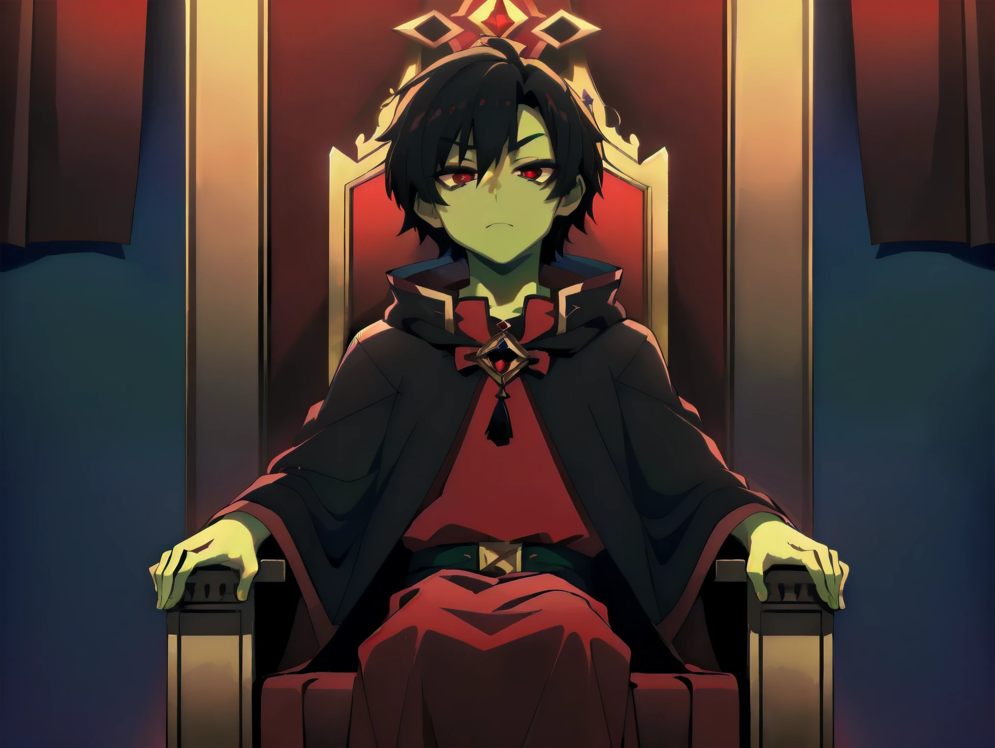 ((((Green skin toon)))), (((1Boy))), 17 years, (((short black hair))), (((red ligth eyes))), ((Sitting cross-legged on a throne that seems to be in a room of a royal castle, right off it, a beautiful red curtain)), (((Wearing a stylish black cloak))), ((best quality)), (detailed), ((style novel)), beautiful cores, ((anime_Colors)), (Solo)