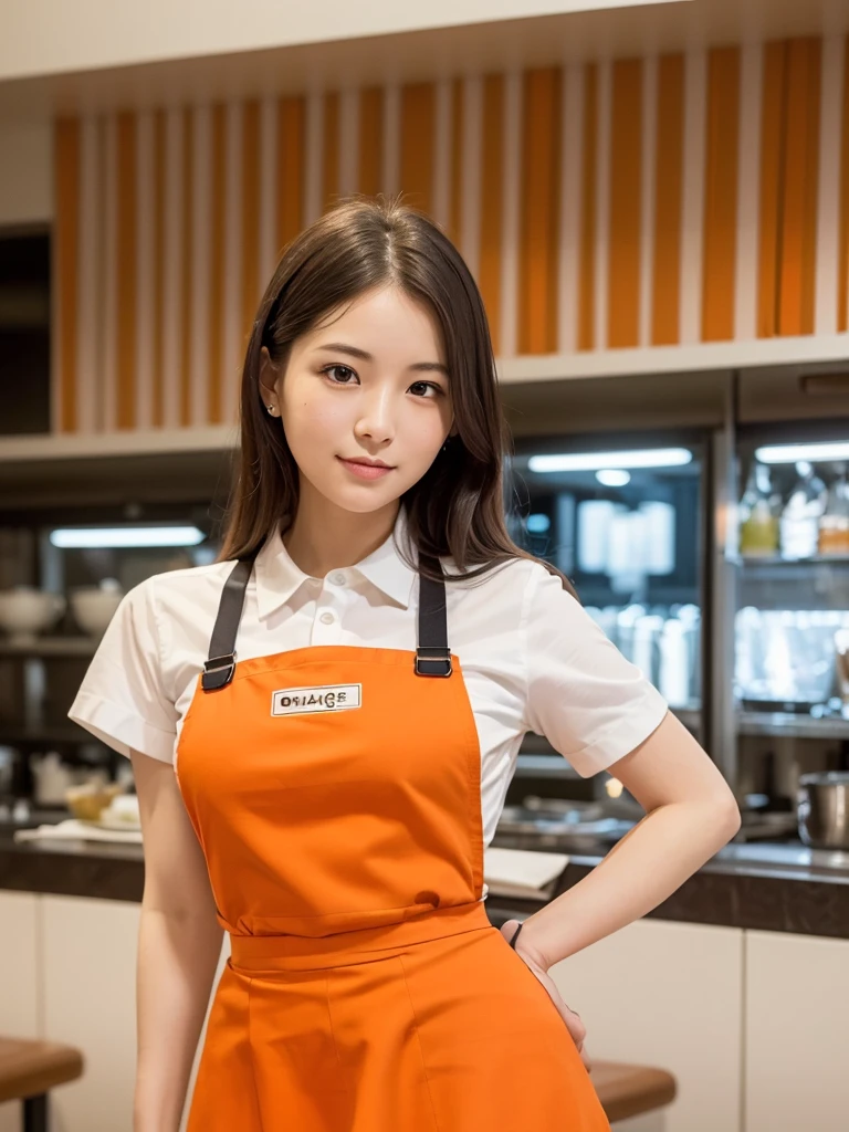 ((highest quality, 8k, Tabletop: 1.3, RAW Photos)), Sharp focus: 1.2, (1. AESPA Girl :1.1), (alone: 1.2), (Realistic, Realistic: 1.37), (Face Focus: 1.1), Cute face, Highly detailed face,Large Breasts,Short, unkempt hair, A small smile, (Orange Family Restaurant uniform:1.2), (orange suspender skirt:1.4), (Orange Apron:1.2), (Orange high-waisted skirt:1.3), (Orange skirt and apron:1.3), (White shirt:1.2), Button gap, Short sleeve, Name tag, Cafe