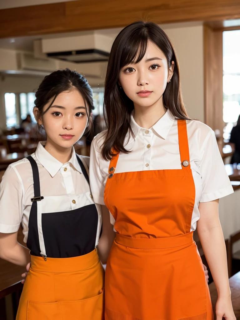 ((highest quality, 8k, Tabletop: 1.3, RAW Photos)), Sharp focus: 1.2, (1. AESPA Girl :1.1), (alone: 1.2), (Realistic, Realistic: 1.37), (Face Focus: 1.1), Cute face, Highly detailed face,Large Breasts,Short, unkempt hair, A small smile, (Orange Family Restaurant uniform:1.2), (orange suspender skirt:1.4), (Orange Apron:1.2), (Orange high-waisted skirt:1.3), (Orange skirt and apron:1.3), (White shirt:1.2), Button gap, Short sleeve, Name tag, Cafe