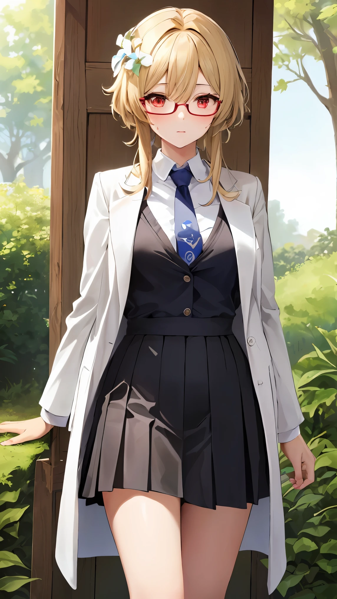 1girl, solo, luminedef, cleavage, (glowing red eyes)
BREAK (glasses, skirt, shirt, , white shirt, pleated skirt, glasses, collared shirt, black skirt, vest, red necktie, labcoat, (white labcoat:1.2), brown vest:1.2),
BREAK (perspire,Sweat a lot,Blushlush,Be red in the face,Blushlush),Stand at the door of the phone booth,arms behind back,
BREAK ball gown, in the garden of trees, wedding decorations,
BREAK ((top quality, 8k, masterpiece: 1.3, ultra hd, high quality, best quality, high definition, realism)), sharp focus: 1.5, Beautiful woman with Slim body, (perfect hands, perfect anatomy),