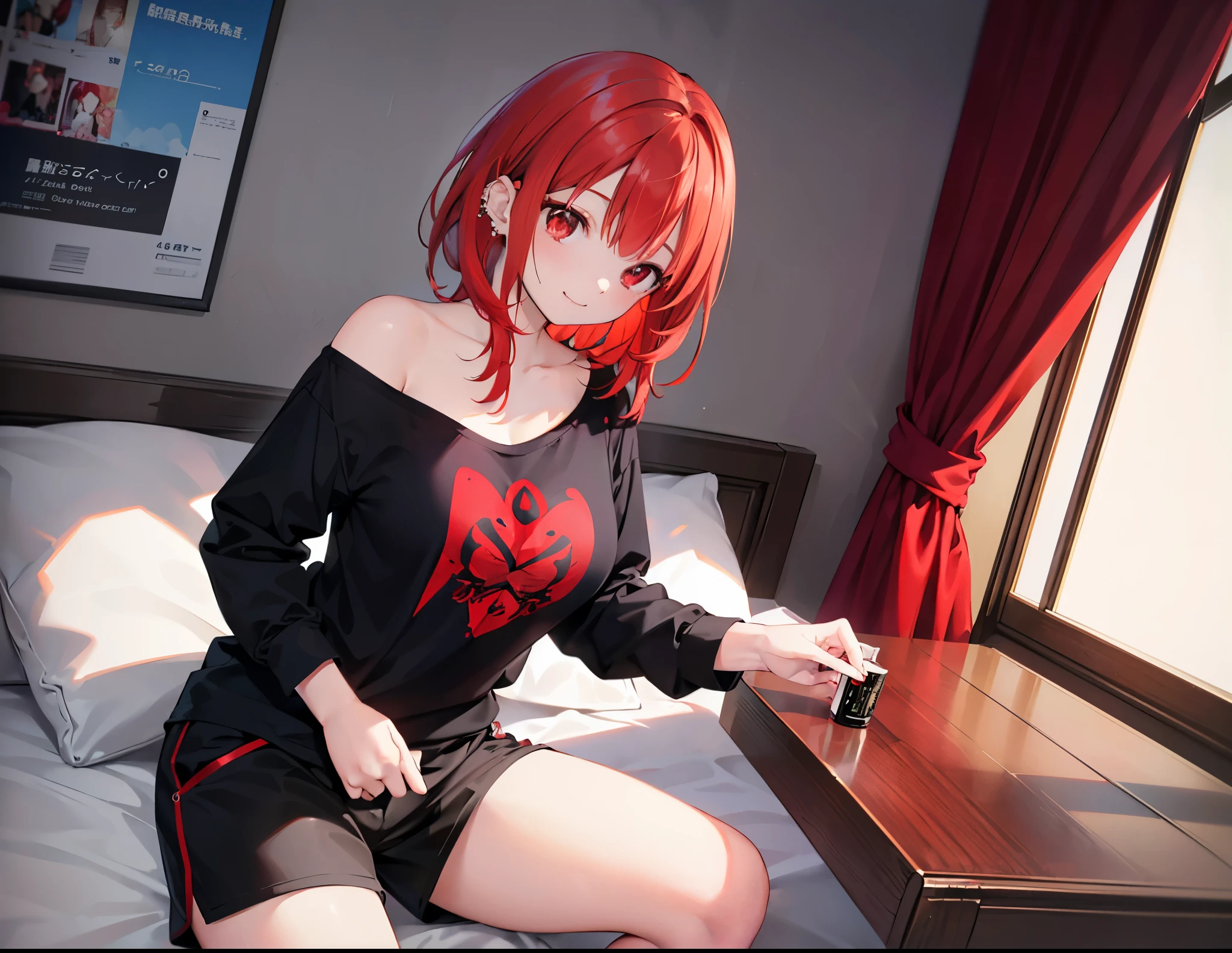 Realistic,highest quality, Ultra Detail, High-quality CG rendering, The most delicate and beautiful, Floating softly, High resolution, (1 girl), (Highest quality,4K,8K,masterpiece:1.2),(All red hair:1.5), (Medium Hair:1.5),(Red eyes:1.5),(Slightly larger breasts:1.5),(Black oversized long sleeve t-shirt:1.3),(Black shorts:1.3),(pierced left ear:1.3),Inside the room,smile,bed,(bedにうつ伏せ:1.3)