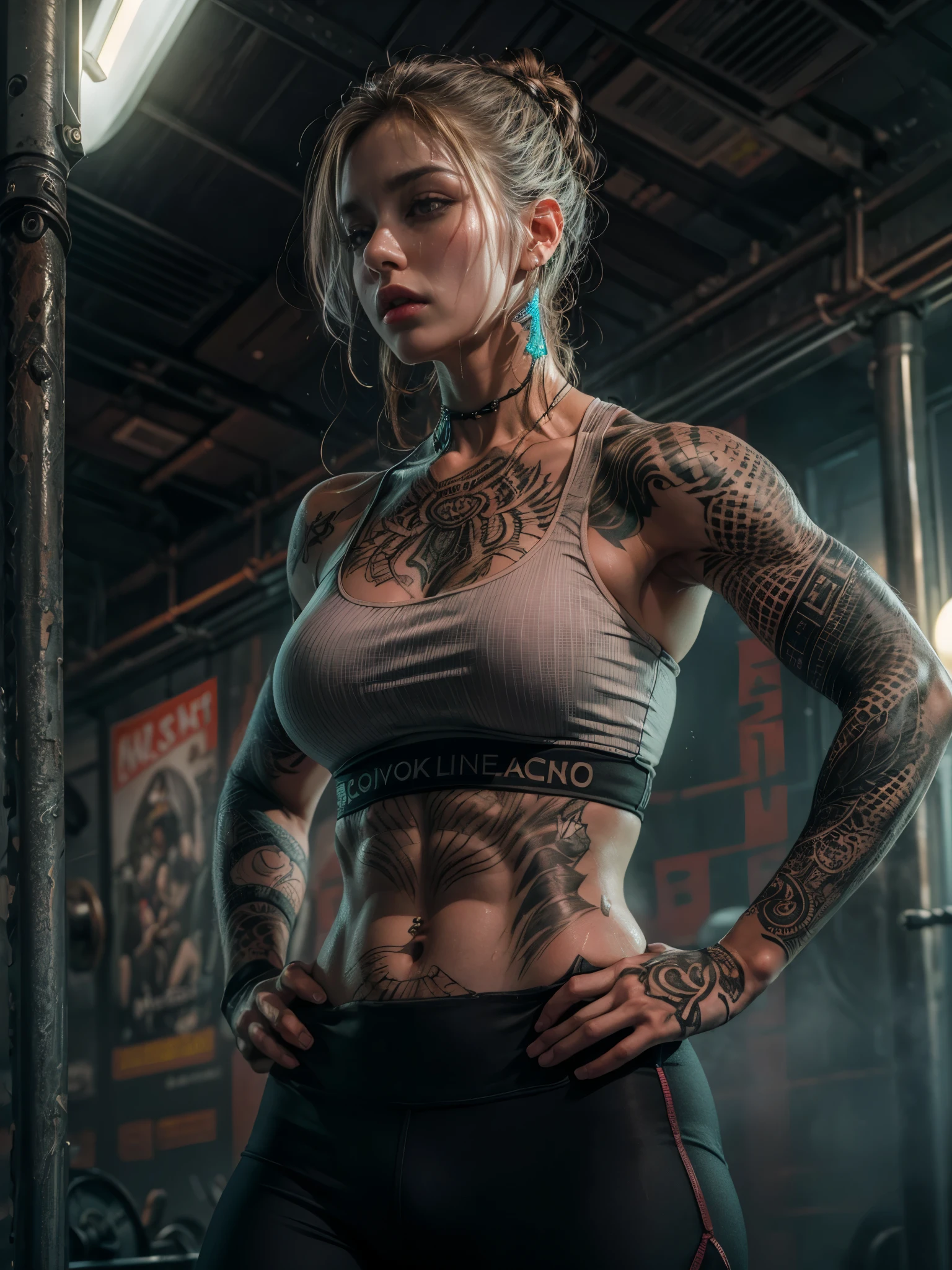 ((top-quality, 8K, masterpiece:1.3)),photorealistic portrait of tattooed girl , (sweating:1.5),wearing detailed sports bra and leggings, Emphasizes abdominal muscles, (muscular body like a bodybuilder), lot of black tattoos on body,  tattooed body, while the chest tattoo adds a cinematic touch to the scene amidst the black tattoo, cinematic lighting completes the overall atmosphere ,in the gym background, standing, (arms up , hands behind head:1.5)