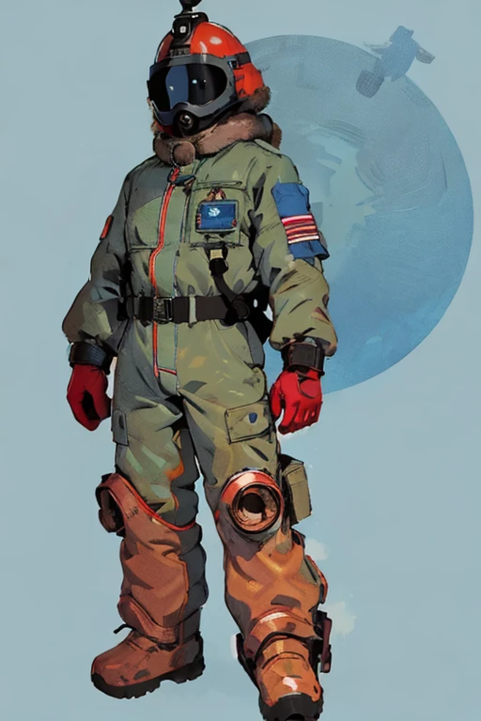 full body image, (ultra detailed,ultra high res,detailed background),((2D)),((flat color)),((muted color)), 1solo, looking at viewer, baggy flight suit, large fur collared bomber jacket, (big red galoshes), plush collar, full body image, square helmet, ((smokey blue background)), ((apocalyptic city)), entire body in frame, 