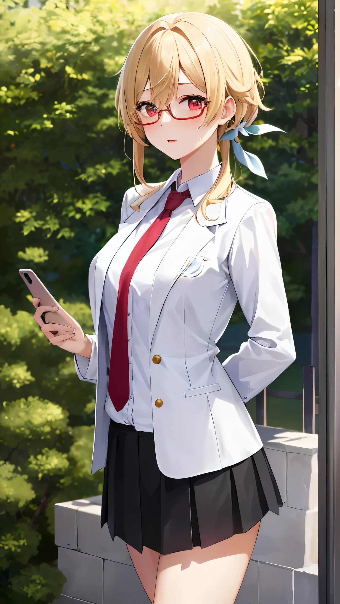 1girl, solo, luminedef, cleavage, (glowing red eyes)
BREAK (glasses, skirt, shirt, , white shirt, pleated skirt, glasses, collared shirt, black skirt, vest, red necktie, labcoat, (white labcoat:1.2), brown vest:1.2),
BREAK (perspire,Sweat a lot,Blushlush,Be red in the face,Blushlush),Stand at the door of the phone booth,arms behind back,
BREAK ball gown, in the garden of trees, wedding decorations,
BREAK ((top quality, 8k, masterpiece: 1.3, ultra hd, high quality, best quality, high definition, realism)), sharp focus: 1.5, Beautiful woman with Slim body, (perfect hands, perfect anatomy),